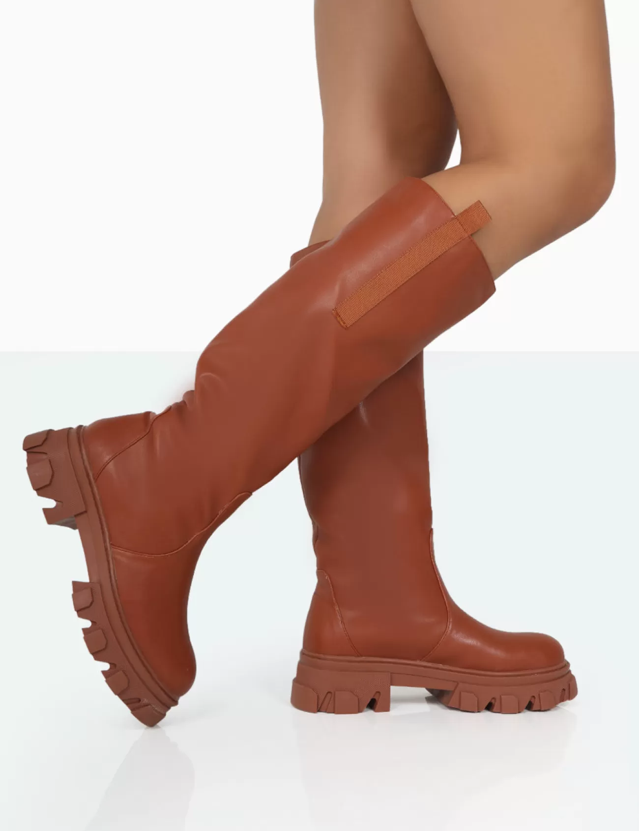 Public Desire Genius Tabacco Pu Knee High Chunky Sole Boots Tan Flash Sale