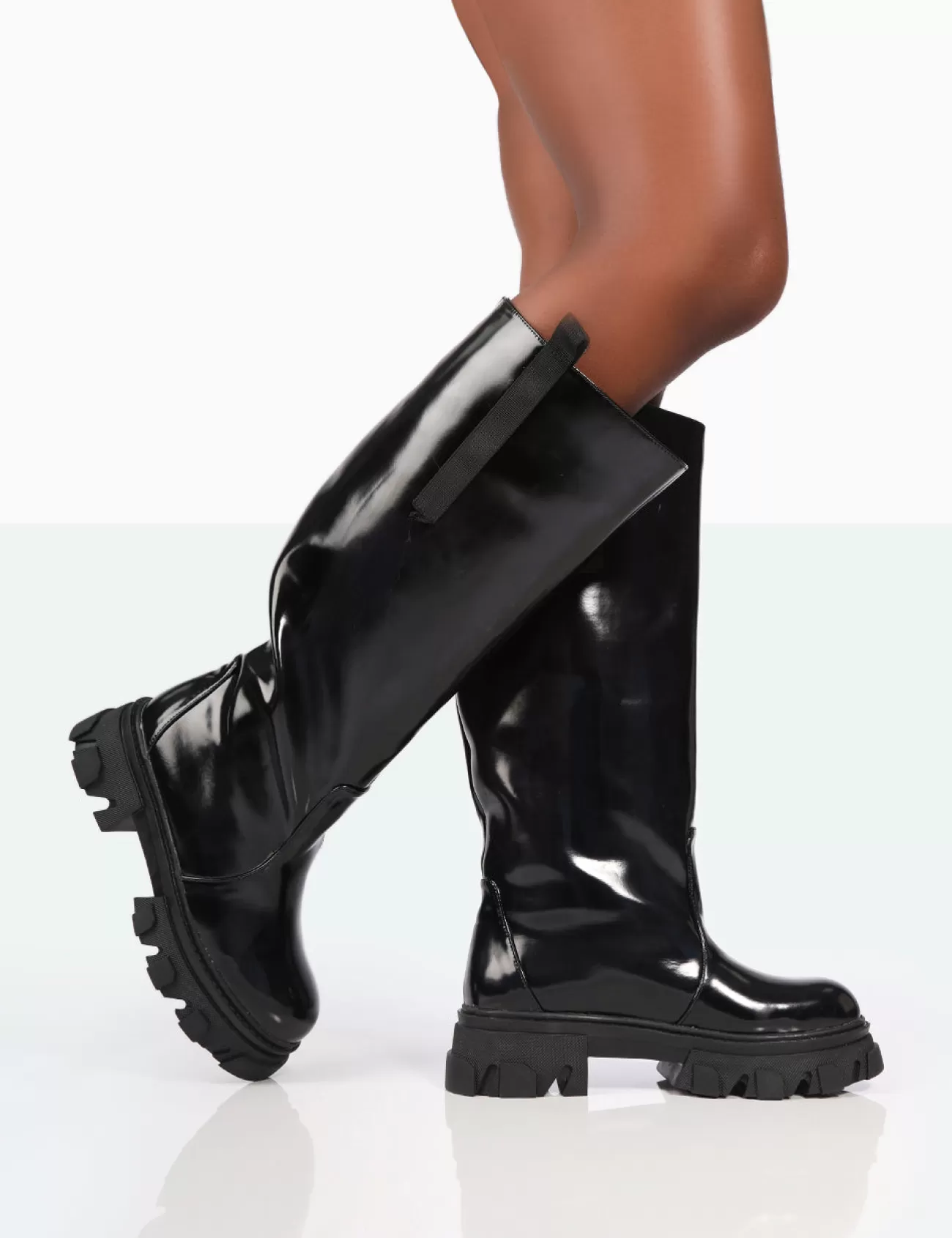 Public Desire Genius Wide Fit Box Patent Knee High Chunky Sole Boots Black Best