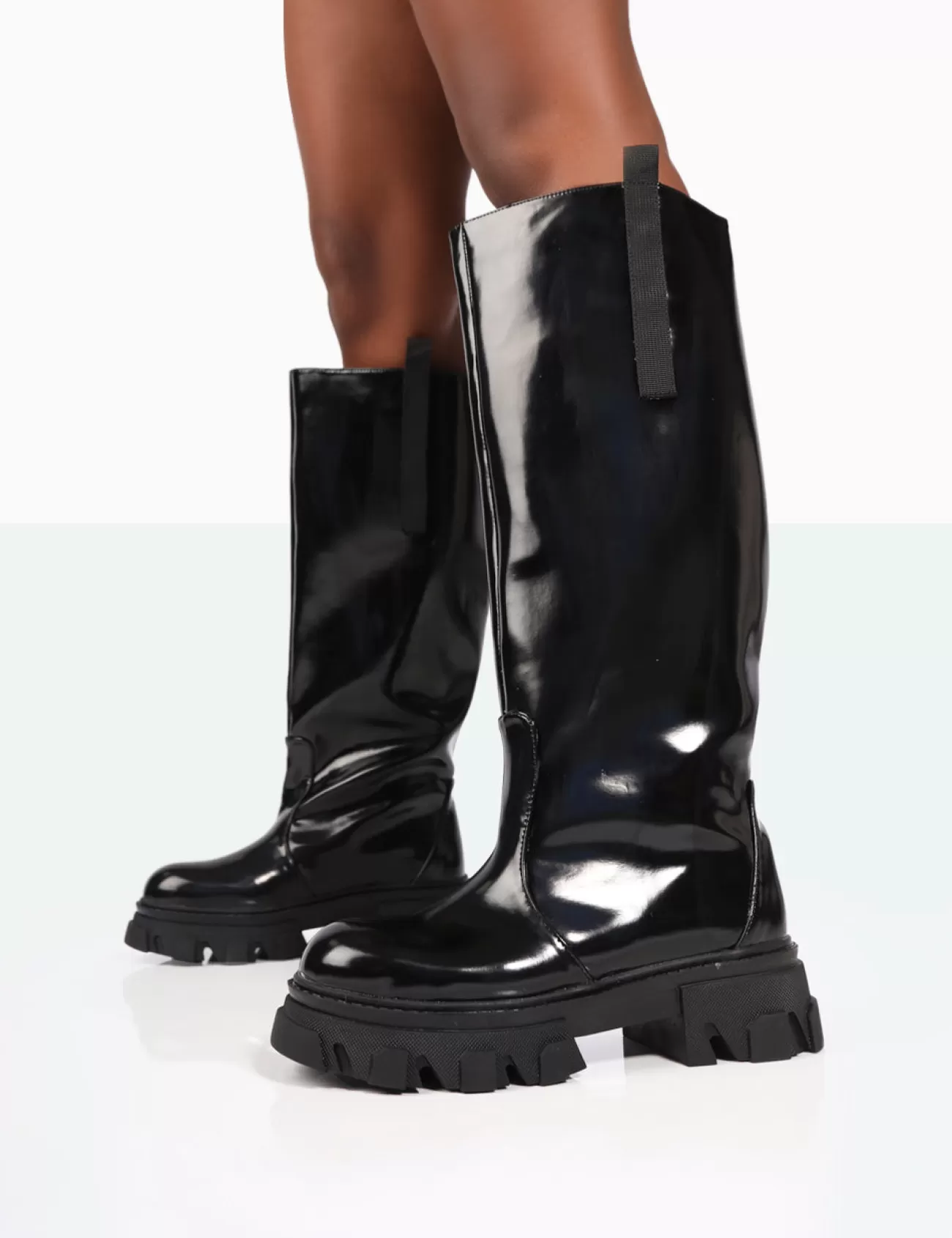 Public Desire Genius Wide Fit Box Patent Knee High Chunky Sole Boots Black Best