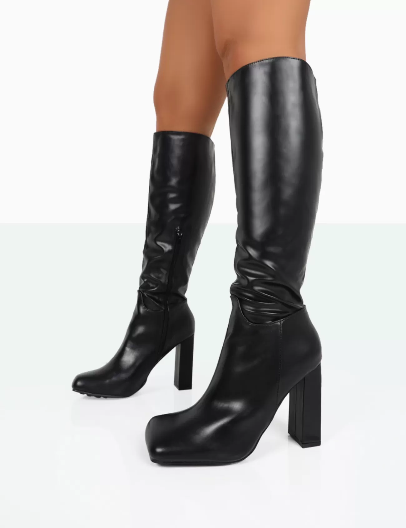 Public Desire Gia Box Pu Square Toe Block Heel Knee High Boots Black Hot