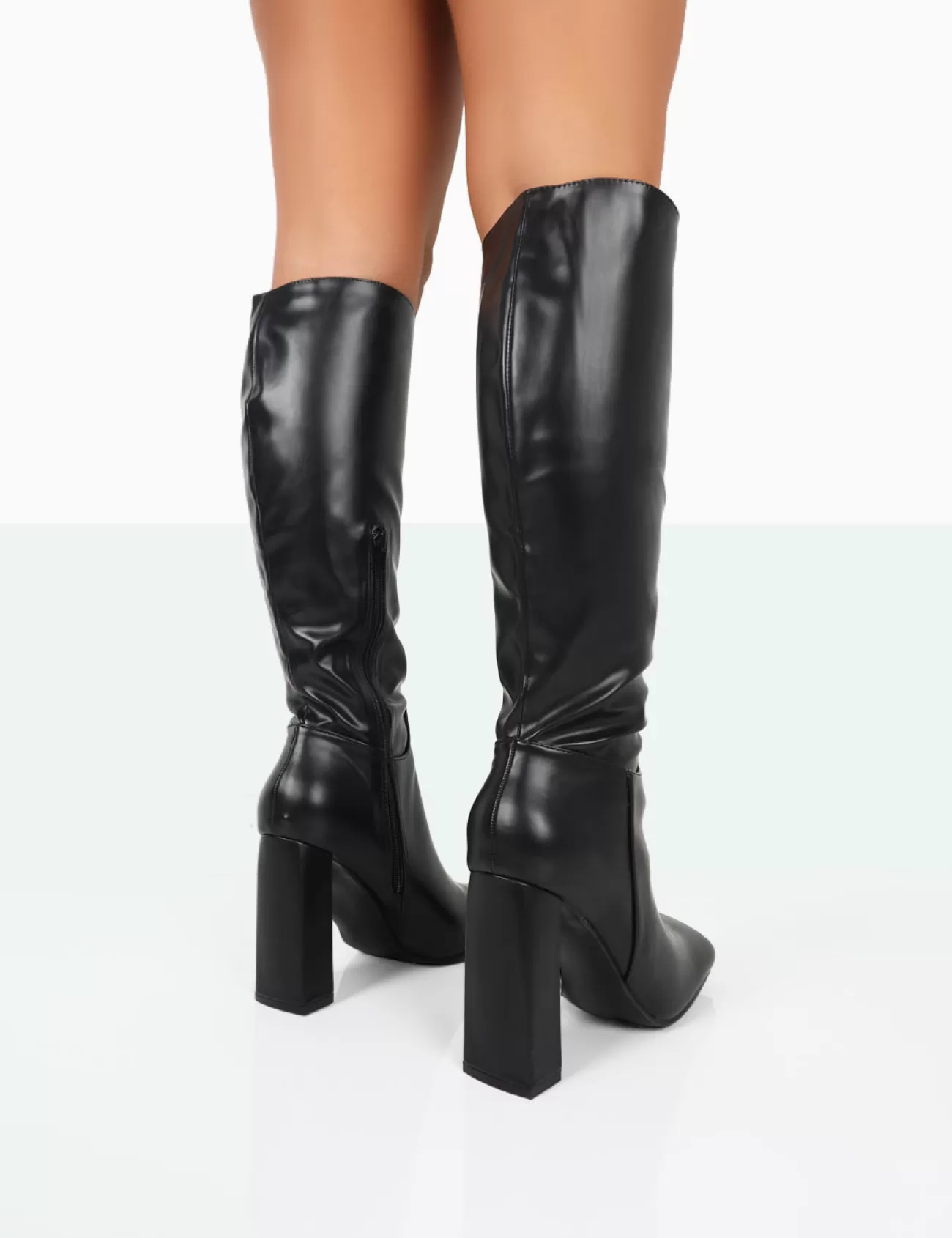 Public Desire Gia Box Pu Square Toe Block Heel Knee High Boots Black Hot