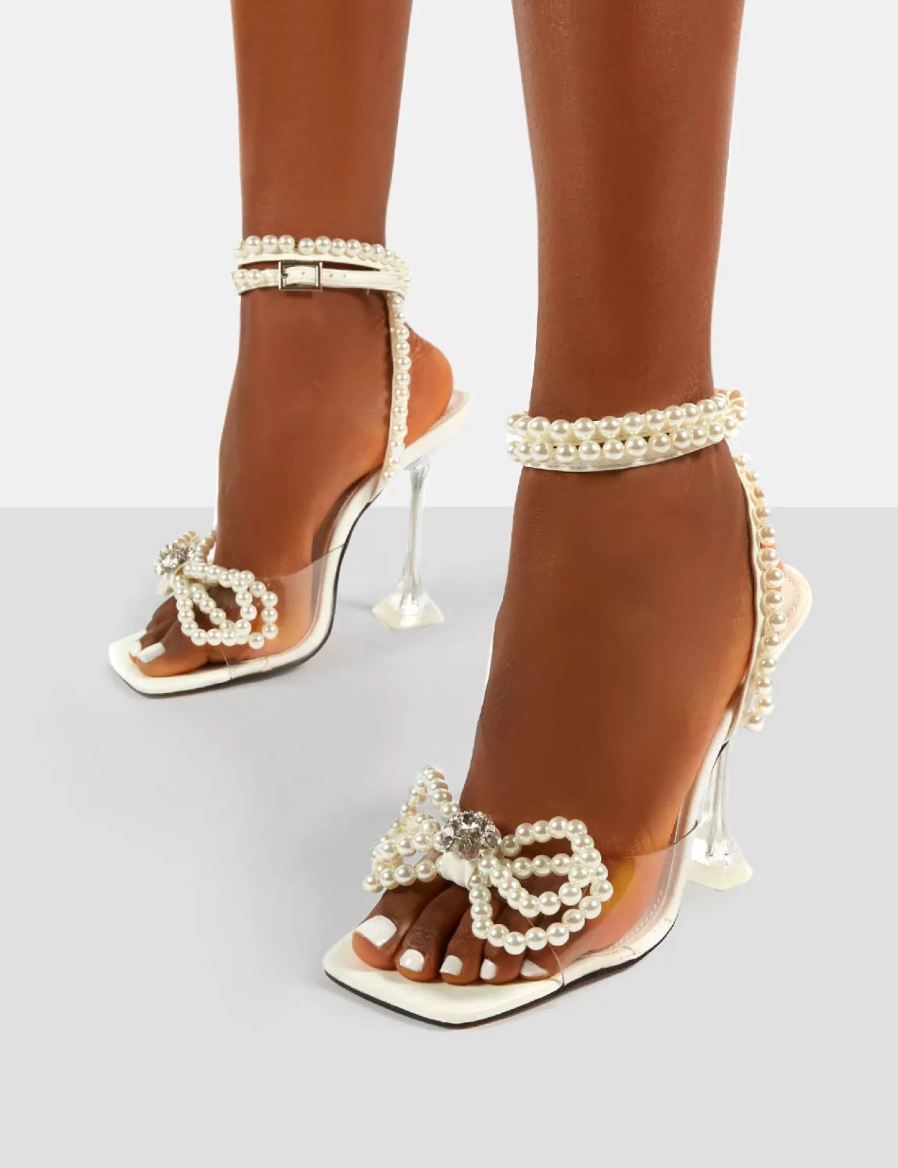 Public Desire Glimmer Wrap Around Pearl Detail Bow Square Toe Cake Stand Heels White Best