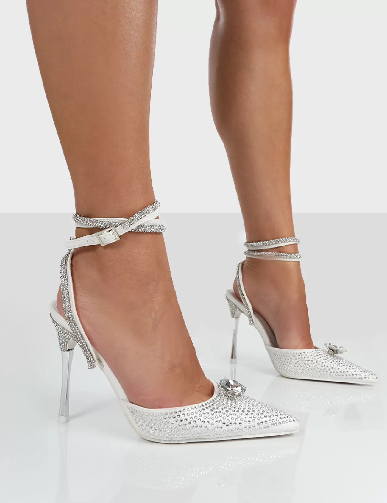 Public Desire Glisten Diamante Sparkly Wrap Around Pointed Toe Court Heels White Hot