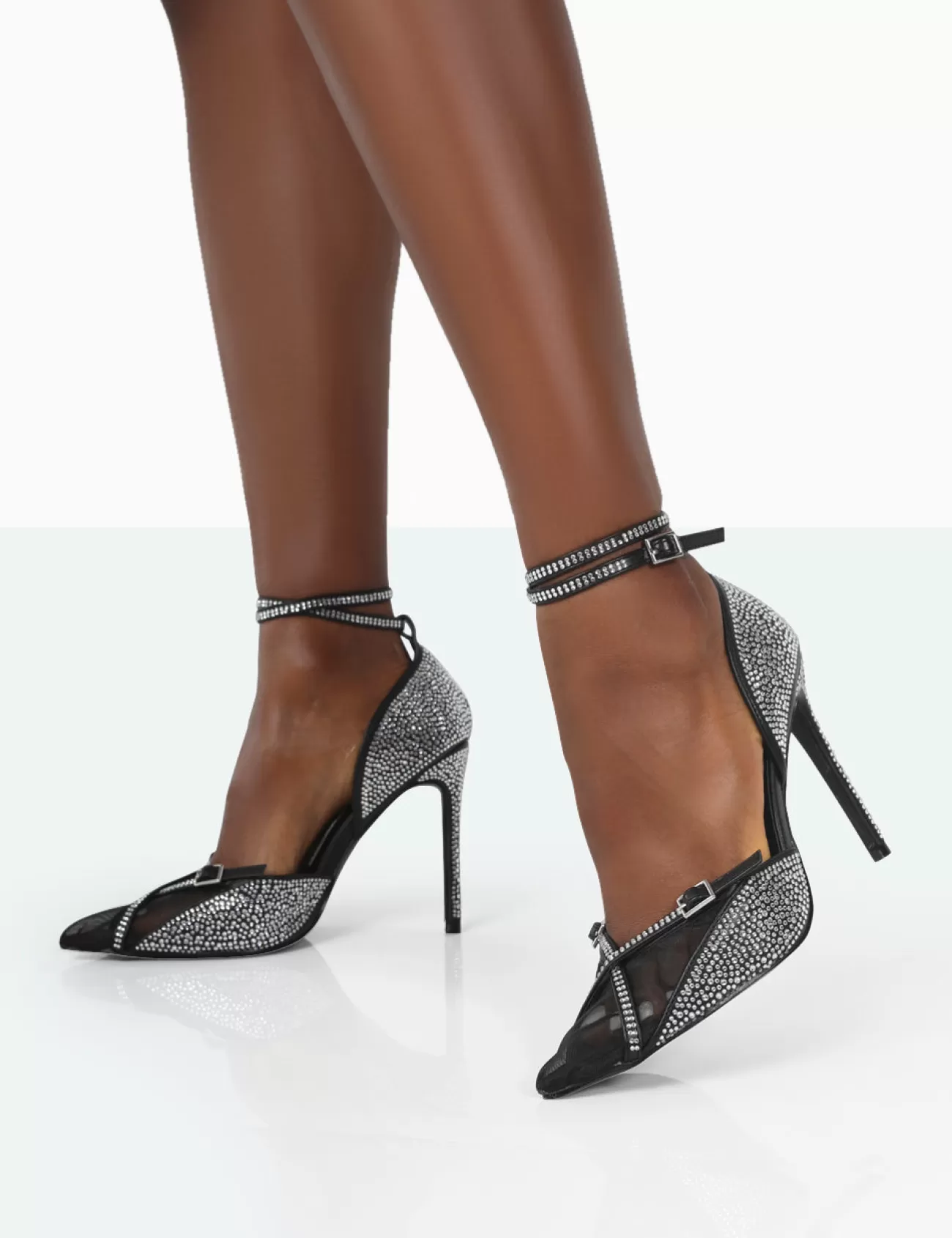 Public Desire Glitch Black Diamante Mesh Pointed Toe Court Stiletto High Heel Outlet