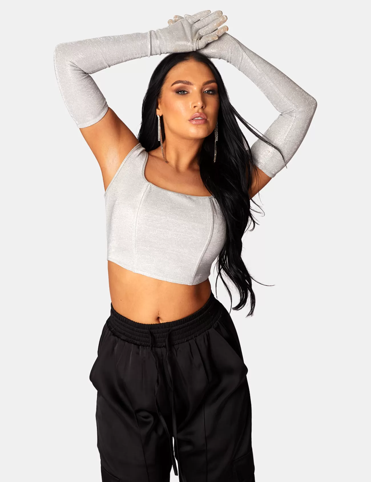Public Desire Glitter Corset Top With Matching Gloves Silver Fashion