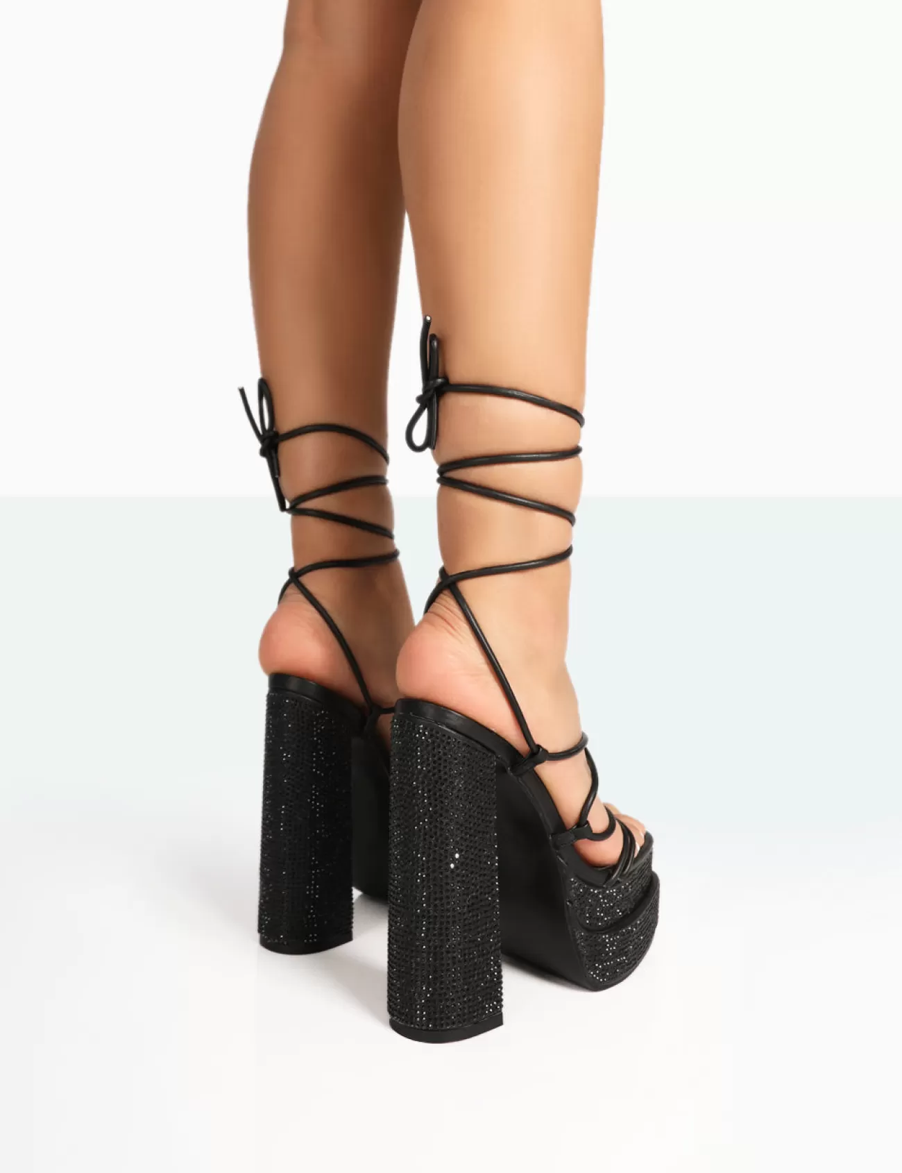 Public Desire Glow Girl Black Sparkly Diamante Lace Up Platform Block High Heels Outlet