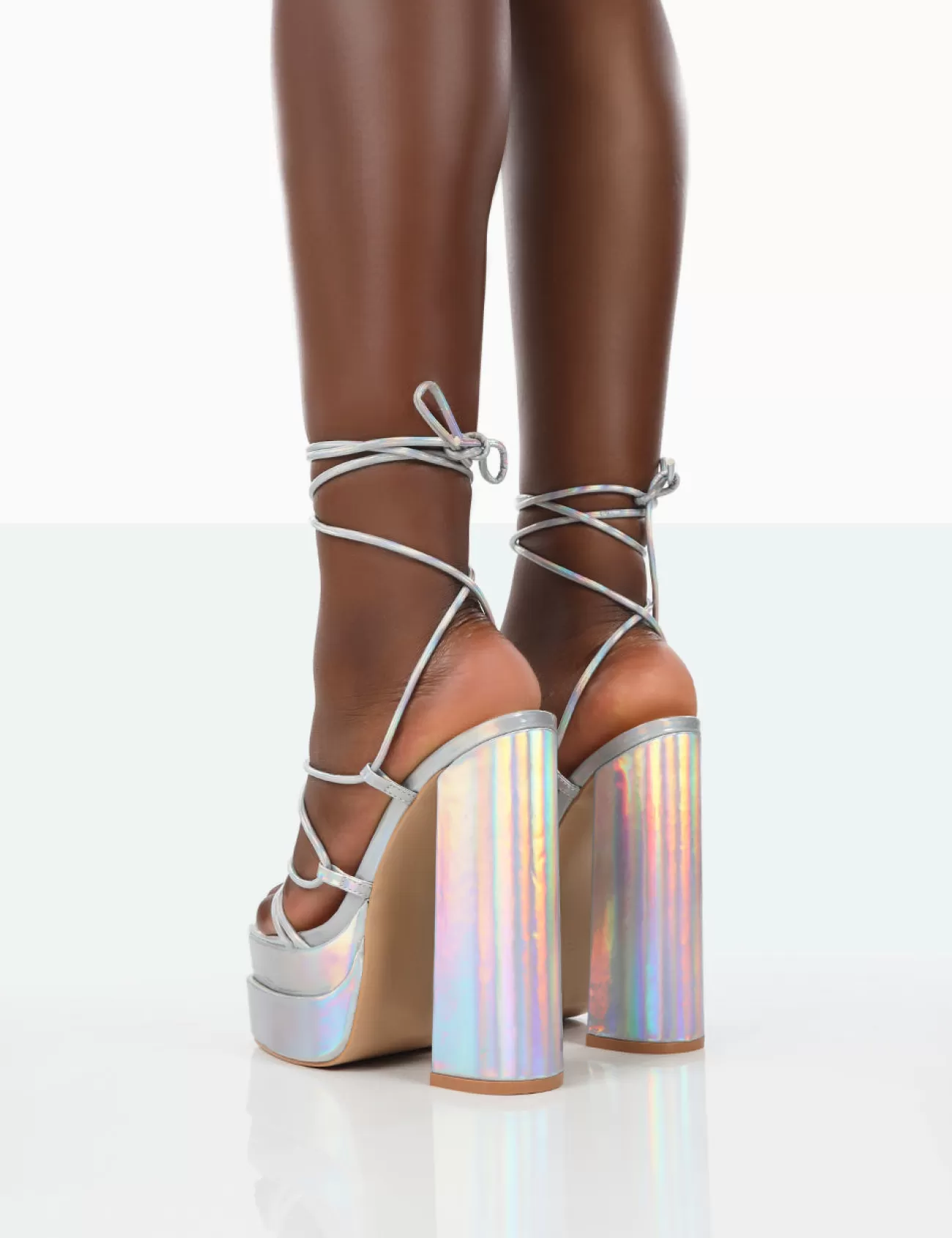 Public Desire Glow Girl Holographic Pu Lace Up Platform High Heels Silver Shop