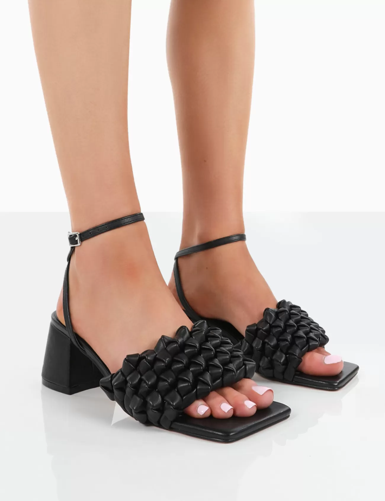 Public Desire Got This Pu Woven Square Toe Block Mid Heeled Mule Sandals Black Best