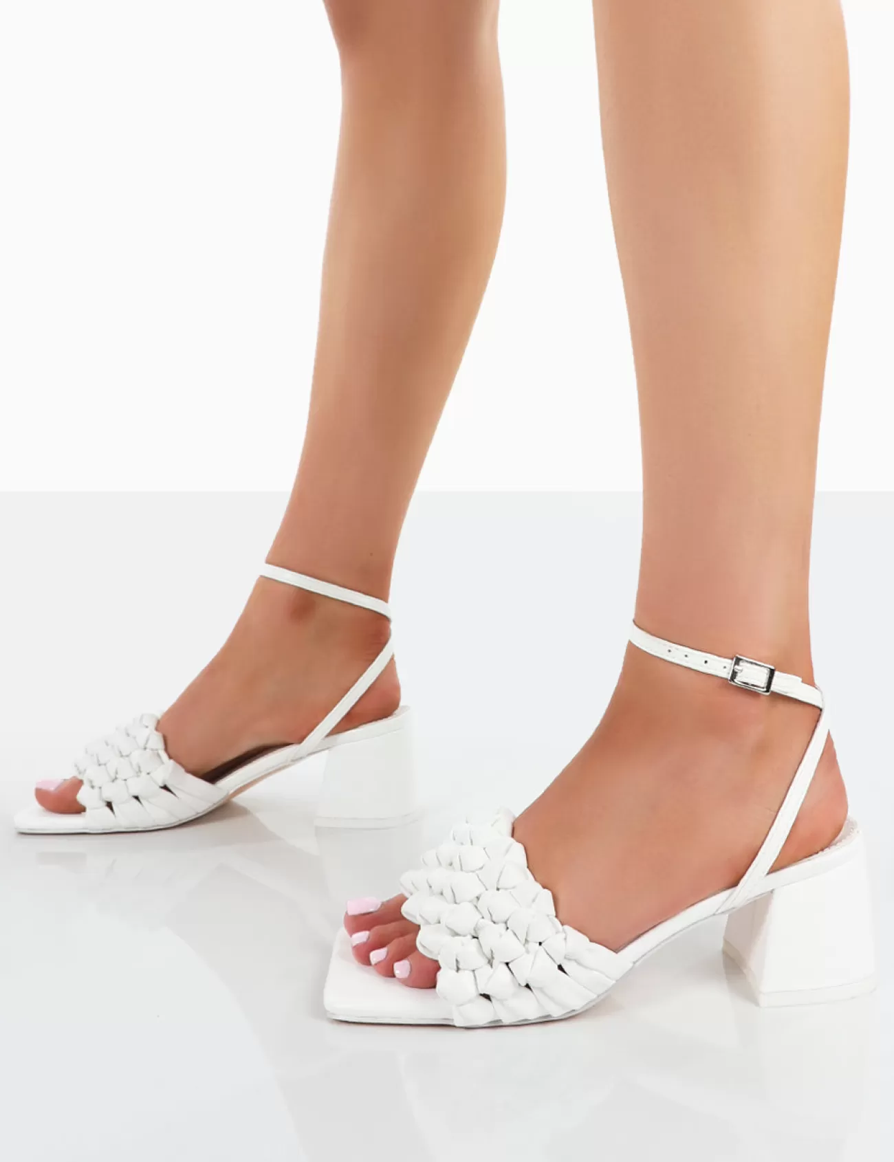 Public Desire Got This Pu Woven Square Toe Block Mid Heeled Mule Sandals White Best Sale