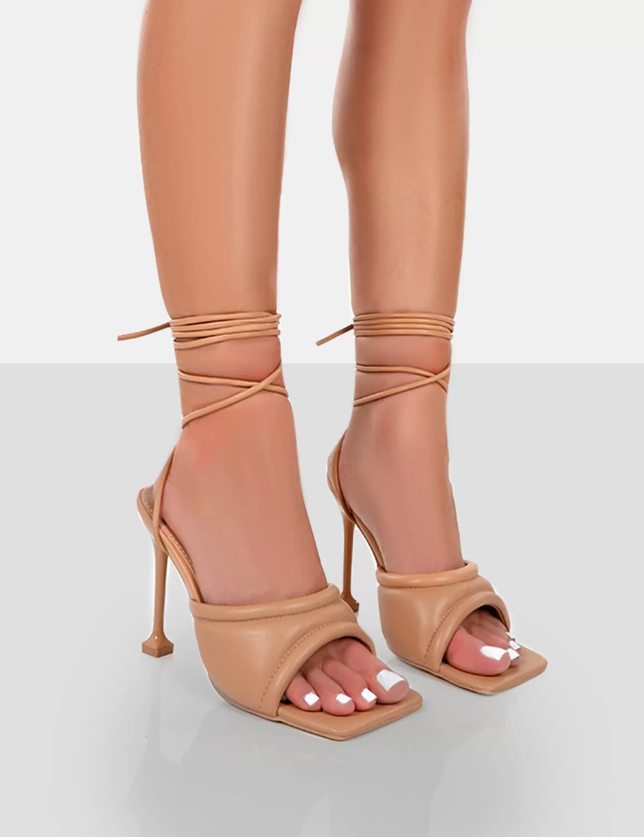 Public Desire Gracie Pu Square Peep Toe Lace Up Stiletto Heels Nude Flash Sale