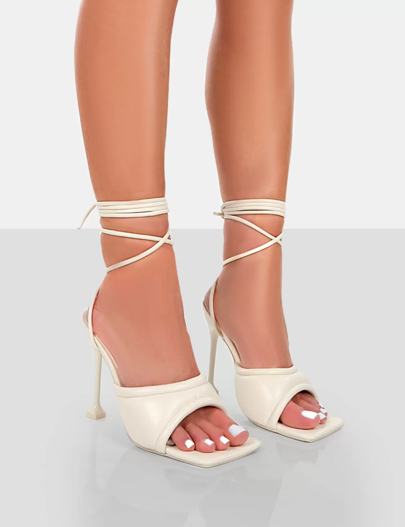 Public Desire Gracie Pu Square Peep Toe Lace Up Stiletto Heels Ecru Sale