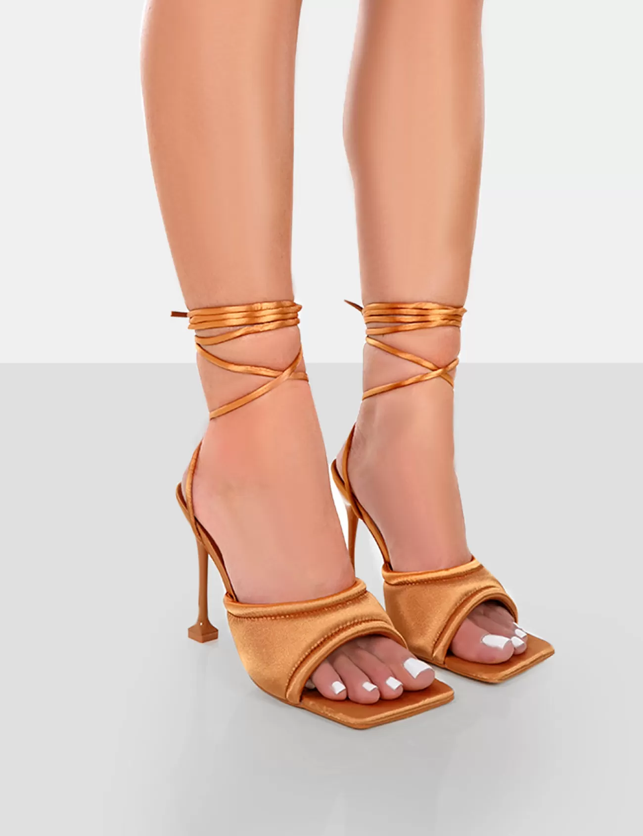 Public Desire Gracie Satin Square Peep Toe Lace Up Stiletto Heels Toffee Best