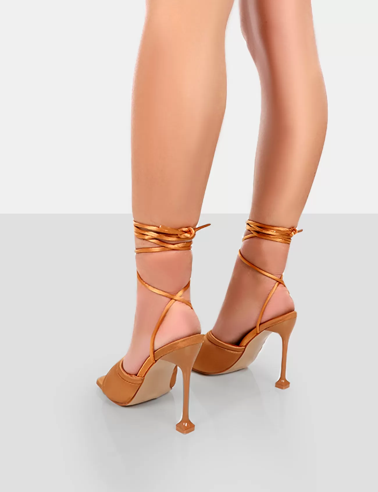 Public Desire Gracie Satin Square Peep Toe Lace Up Stiletto Heels Toffee Best