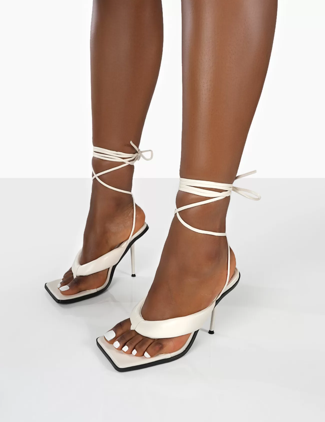 Public Desire Grand Toe Thong Front Square Toe Lace Up Stiletto Heels White Discount