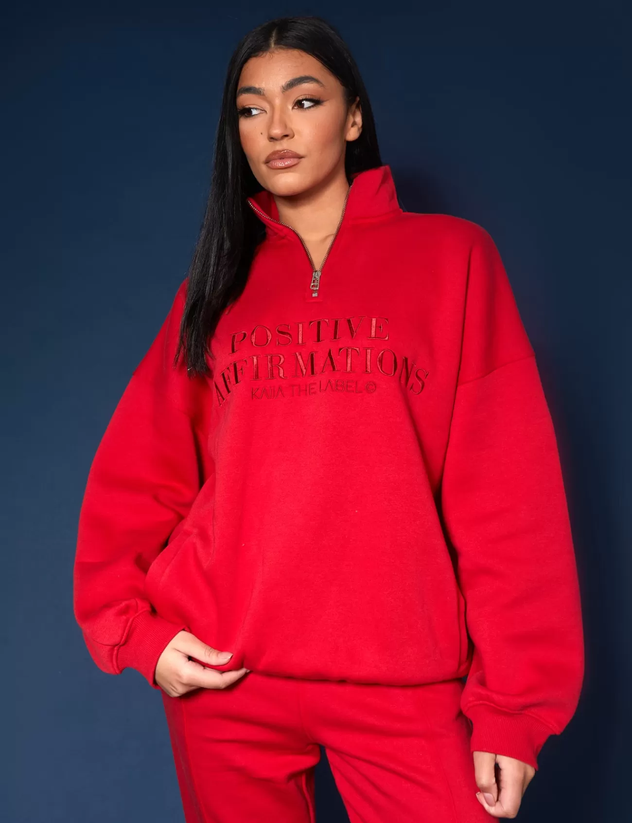 Public Desire Half Zip Tonal Embroide Sweatshirt Red Store