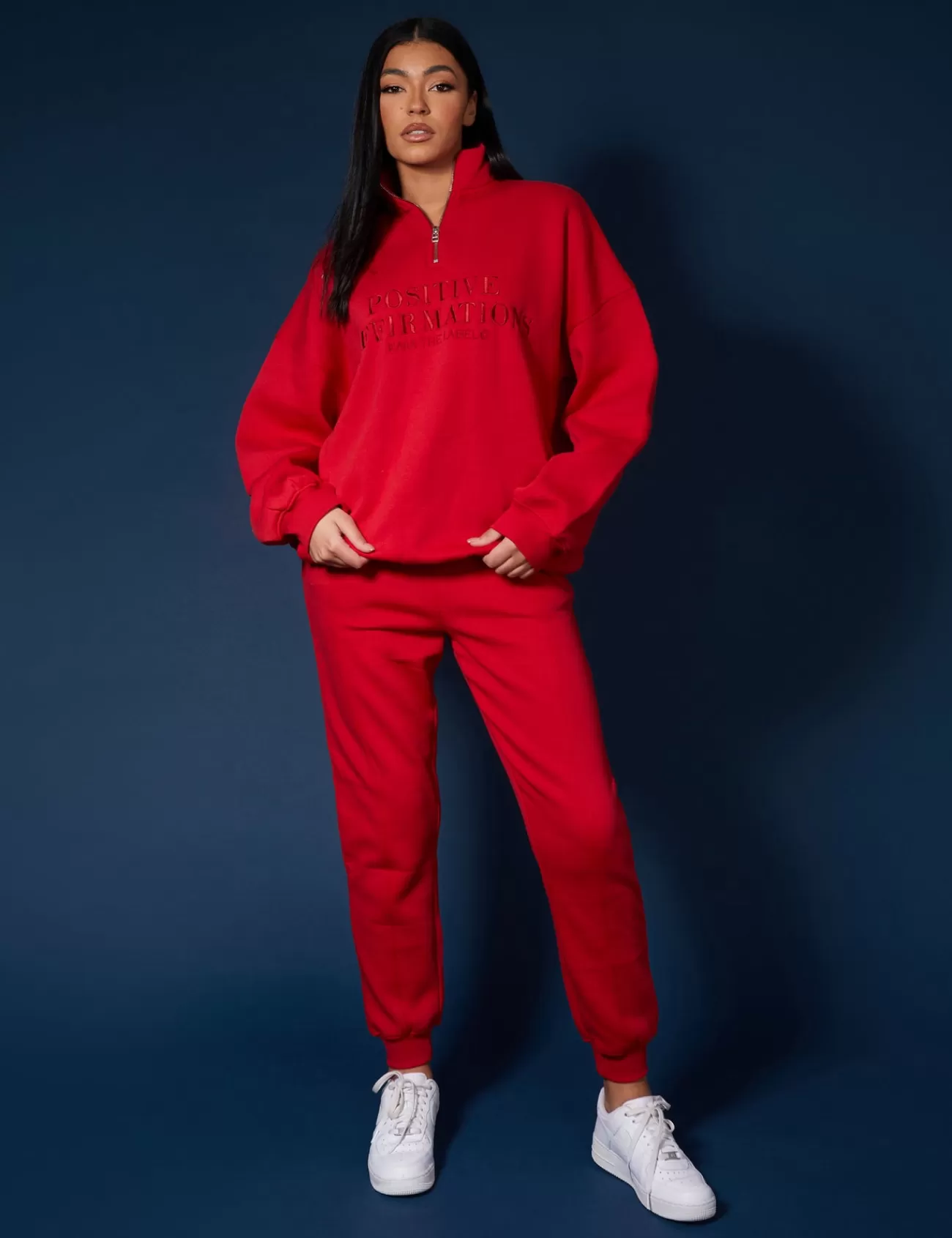 Public Desire Half Zip Tonal Embroide Sweatshirt Red Store
