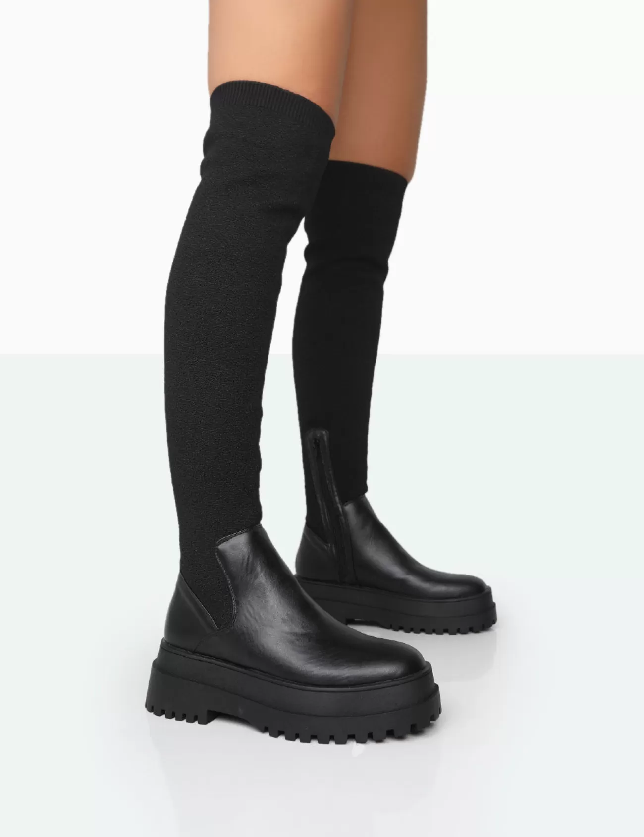 Public Desire Happier Boucle Knit Over The Knee Boots Black Hot