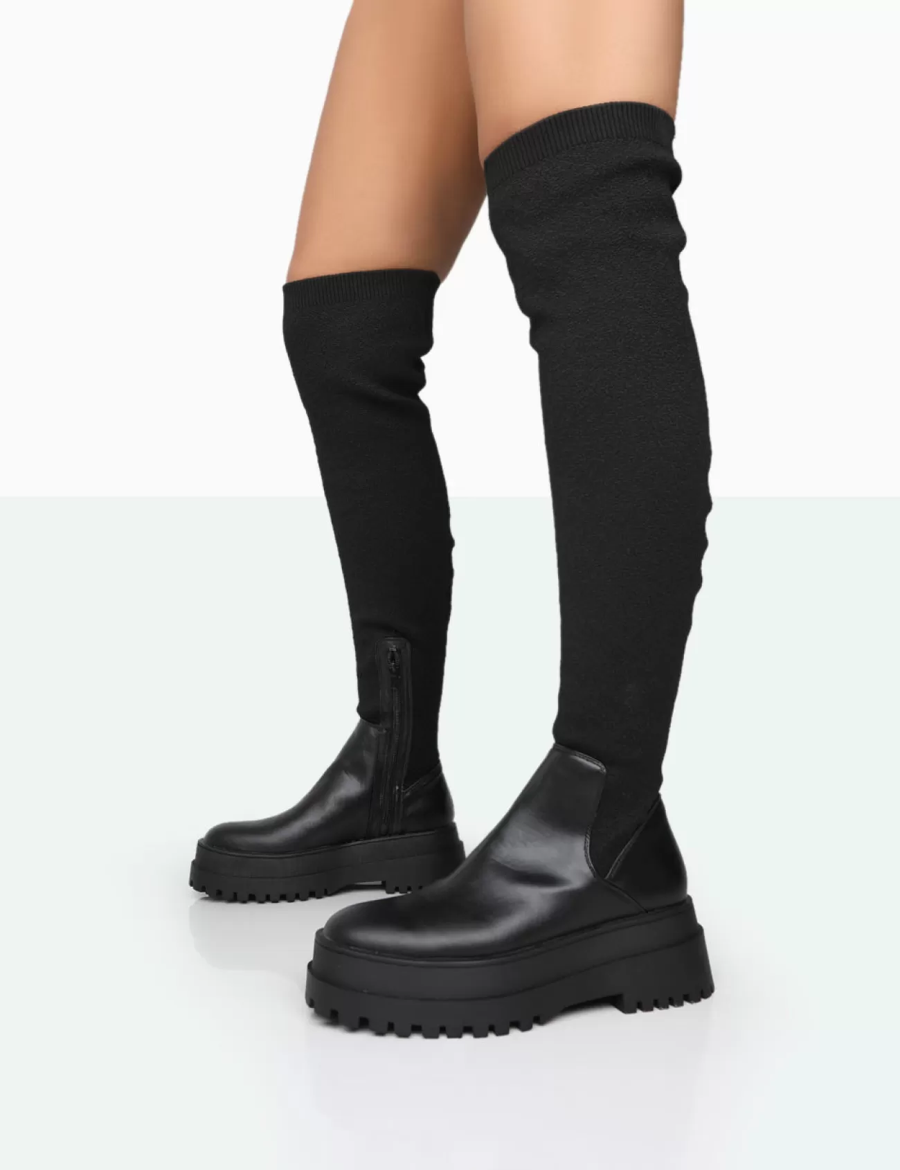 Public Desire Happier Boucle Knit Over The Knee Boots Black Hot