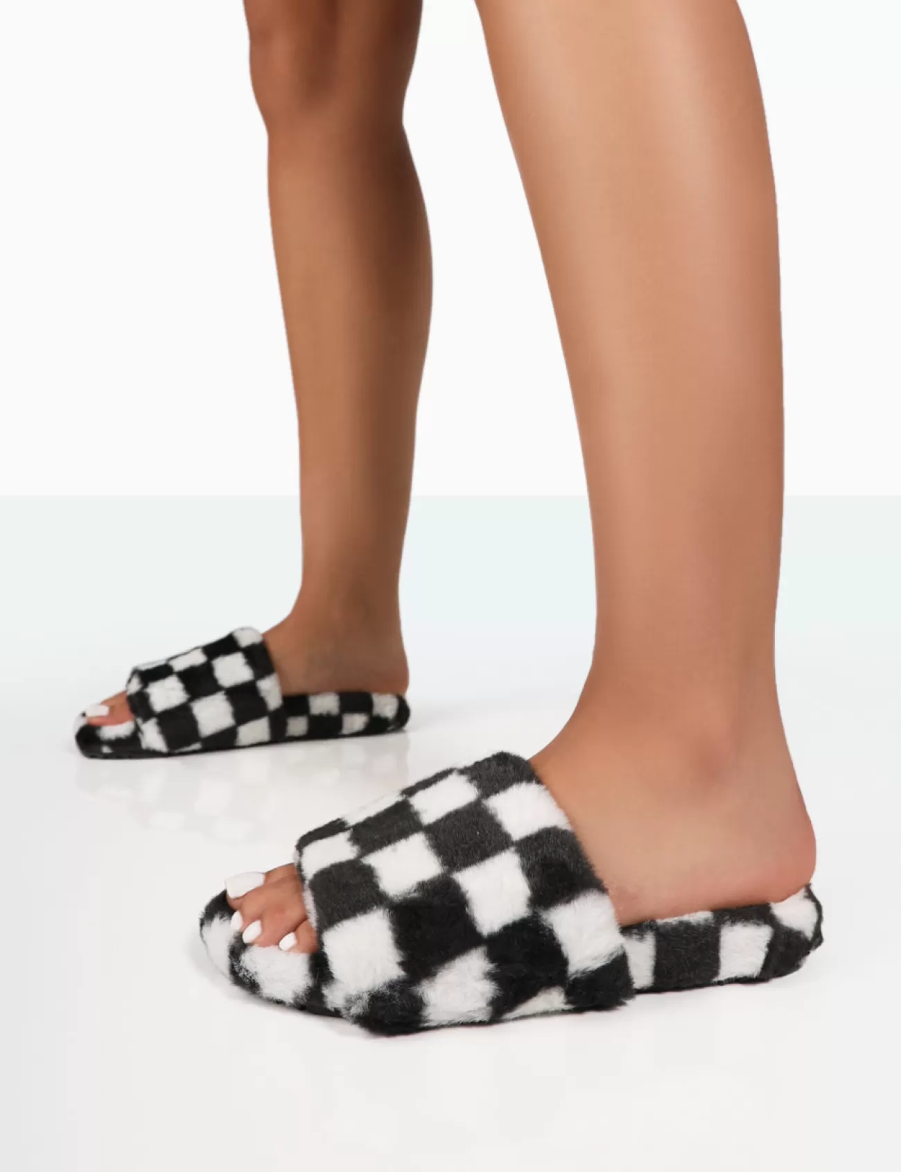 Public Desire Happy And White Checkerboard Fluffy Faux Fur Slider Slippers Black Sale