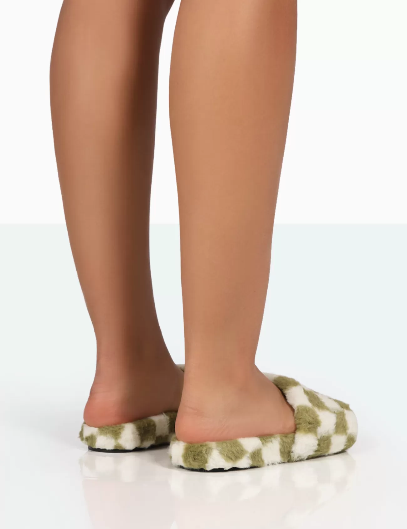 Public Desire Happy And White Checkerboard Fluffy Faux Fur Slider Slippers Green Hot