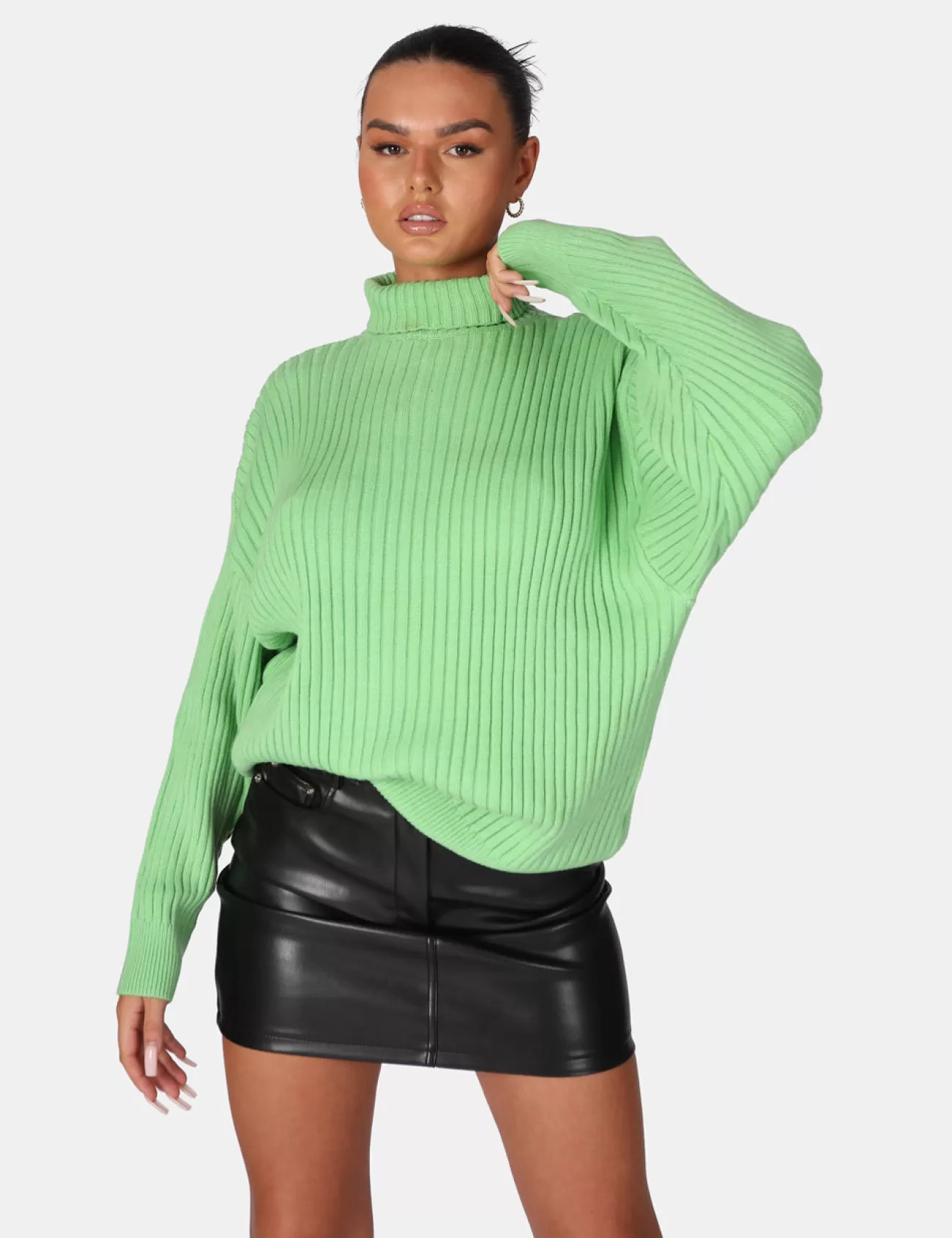 Public Desire High Neck Constrast Stitch Ribbed Knitted Oversized Jumper Green Discount
