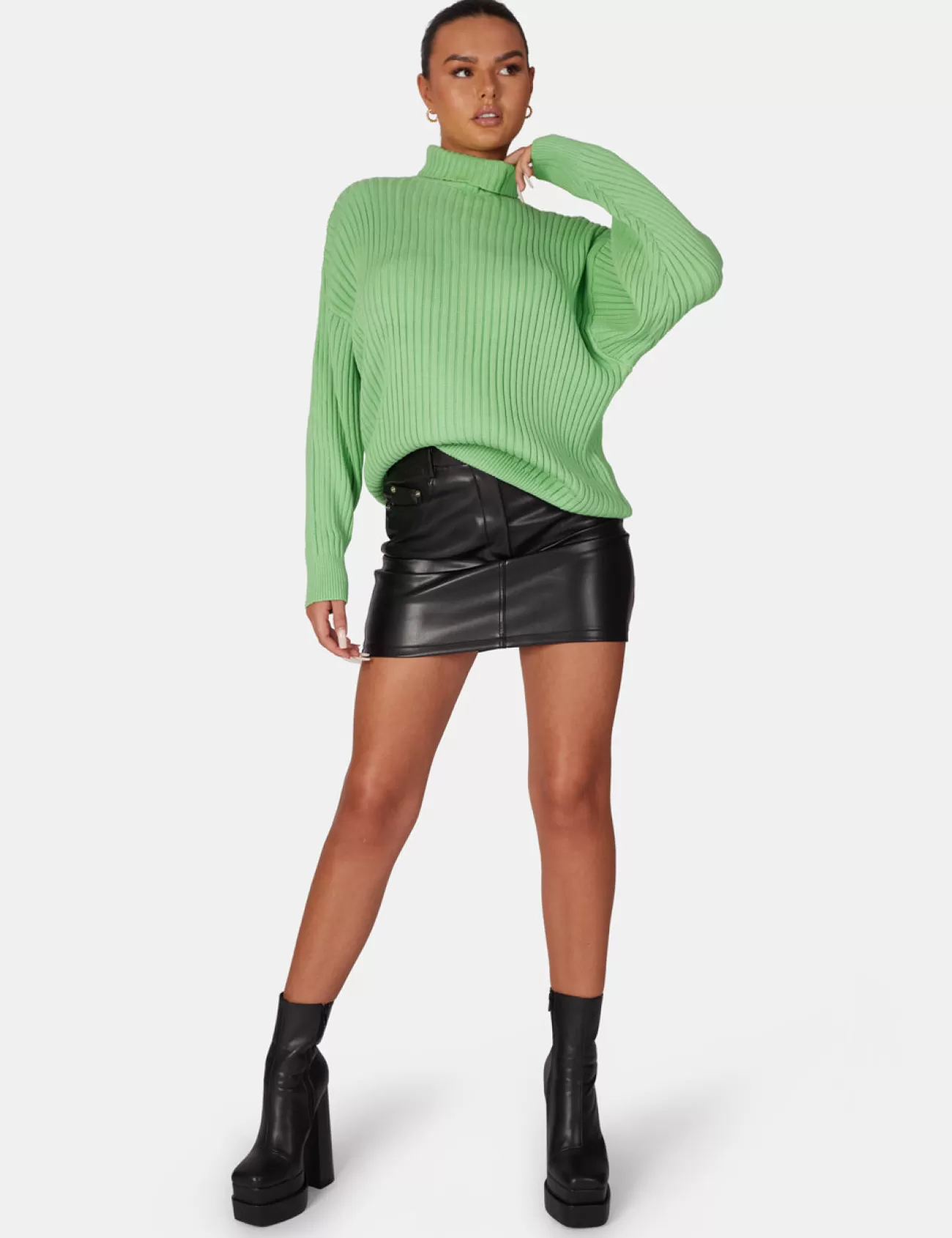 Public Desire High Neck Constrast Stitch Ribbed Knitted Oversized Jumper Green Discount