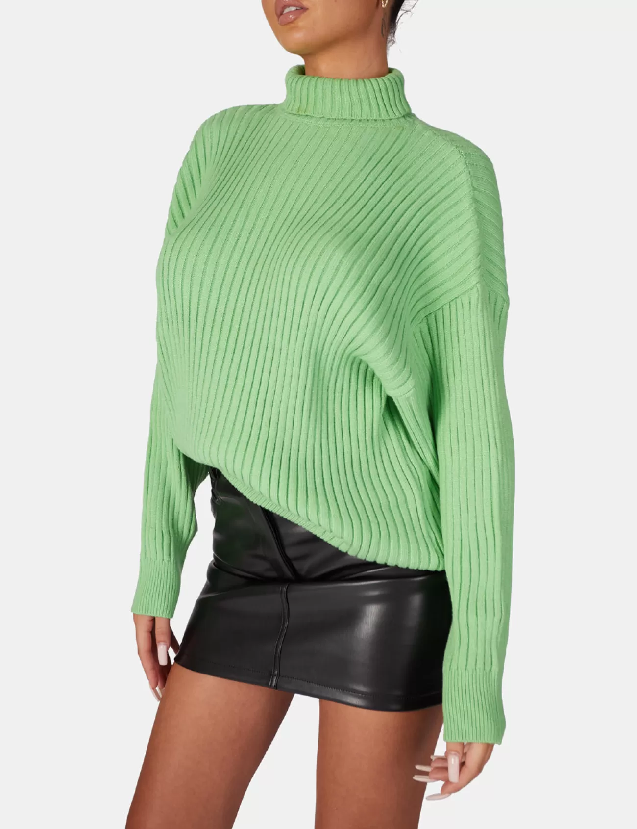 Public Desire High Neck Constrast Stitch Ribbed Knitted Oversized Jumper Green Discount