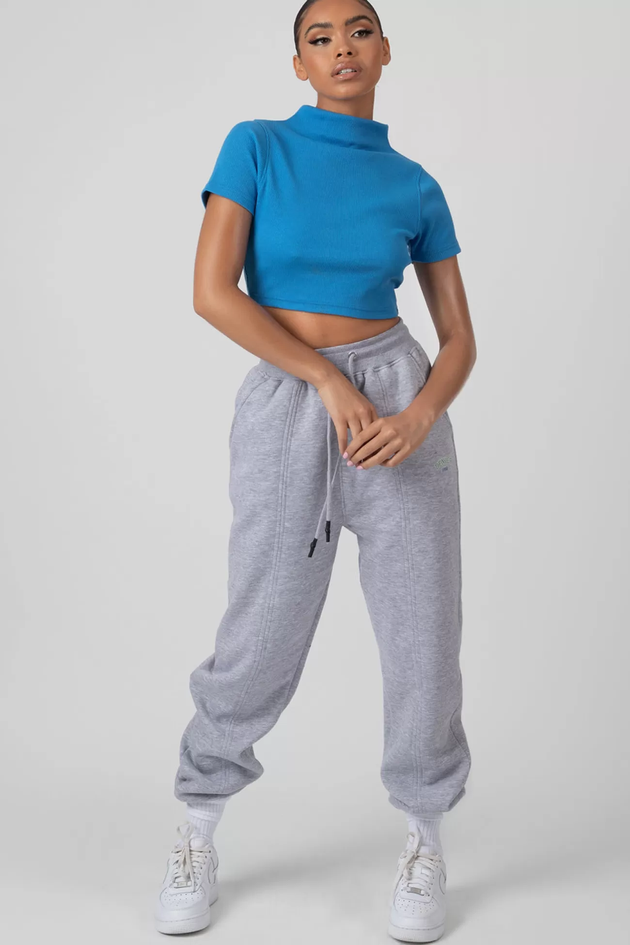 Public Desire High Neck Ribbed Cropped T Shirt Blue Hot