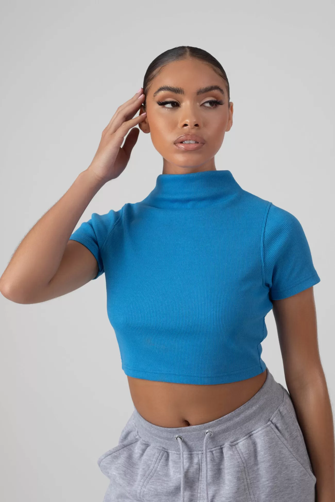 Public Desire High Neck Ribbed Cropped T Shirt Blue Hot