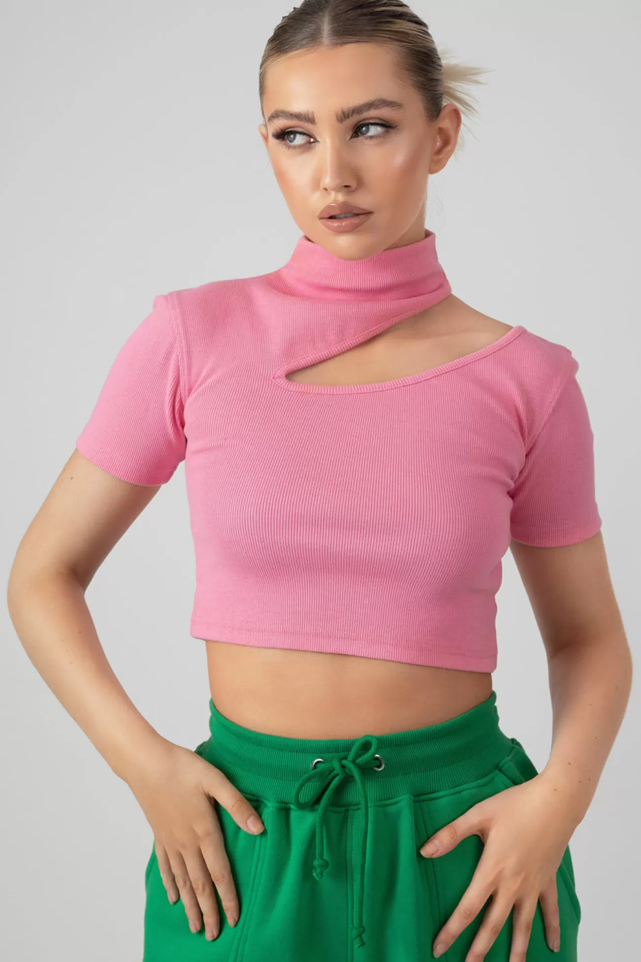 Public Desire High Neck Ribbed Cut Out Cropped T Shirt Pink Discount