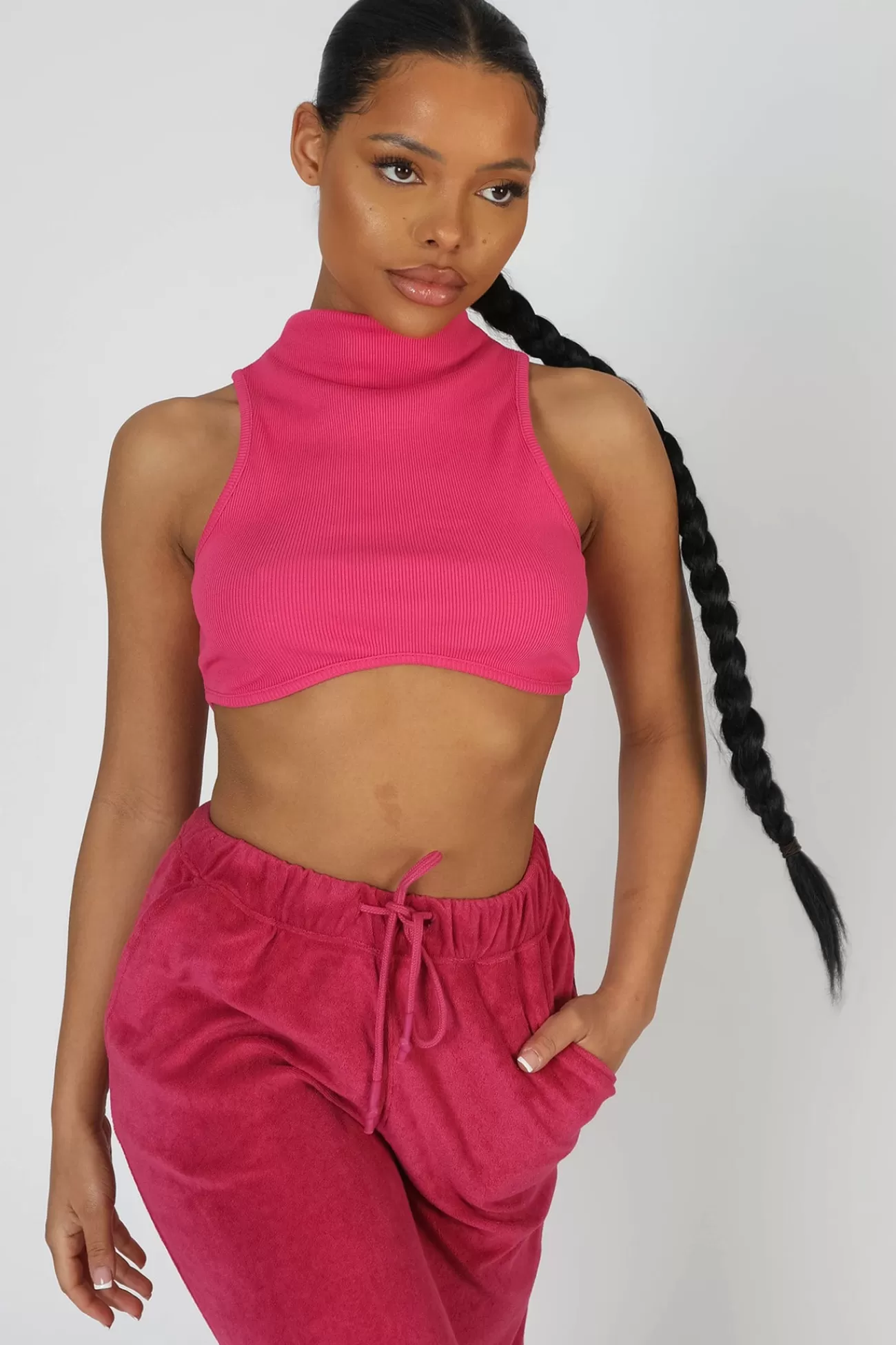 Public Desire High Neck Underbust Ribbed Crop Top Pink New