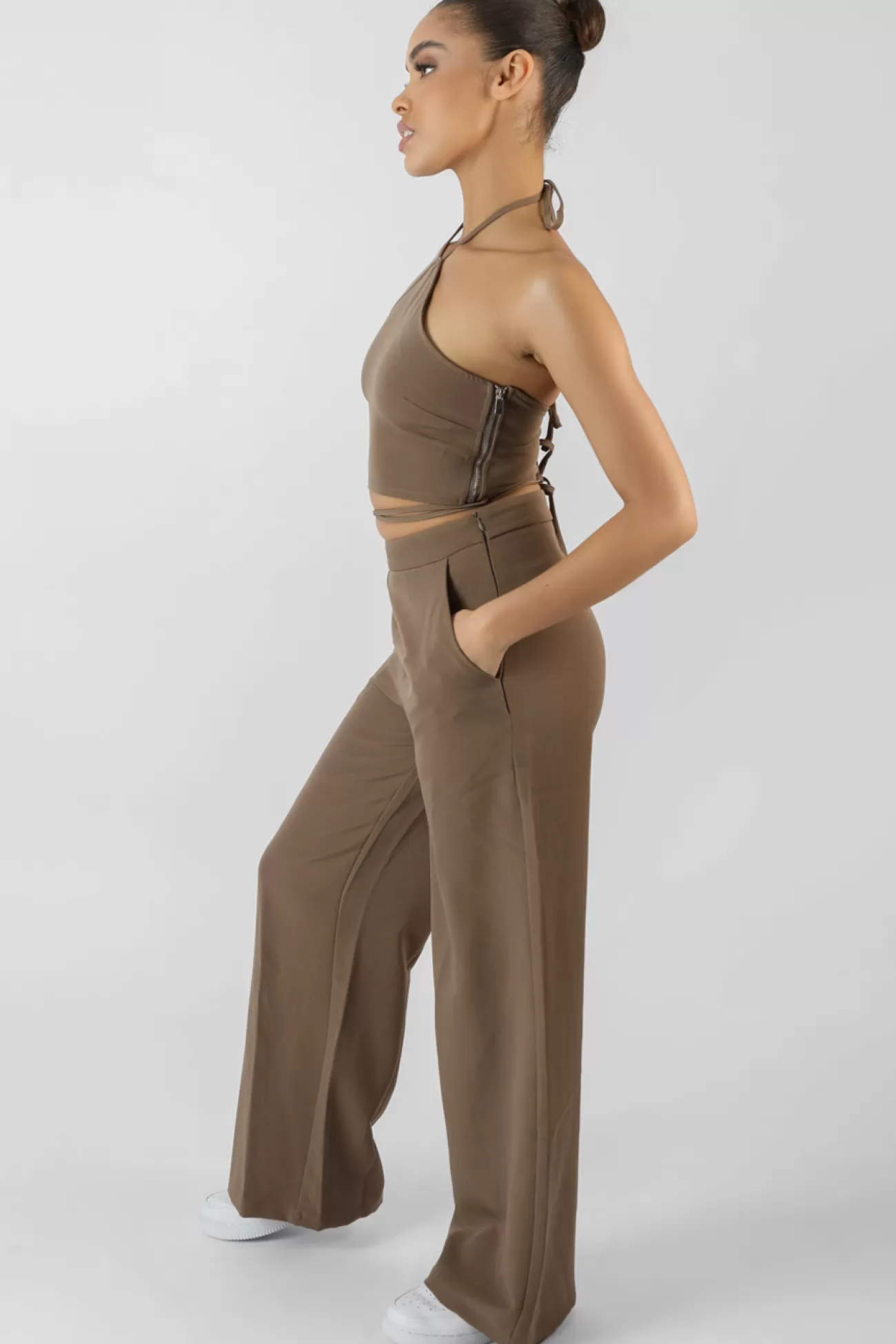 Public Desire High Waist Wide Leg Trouser Taupe Shop