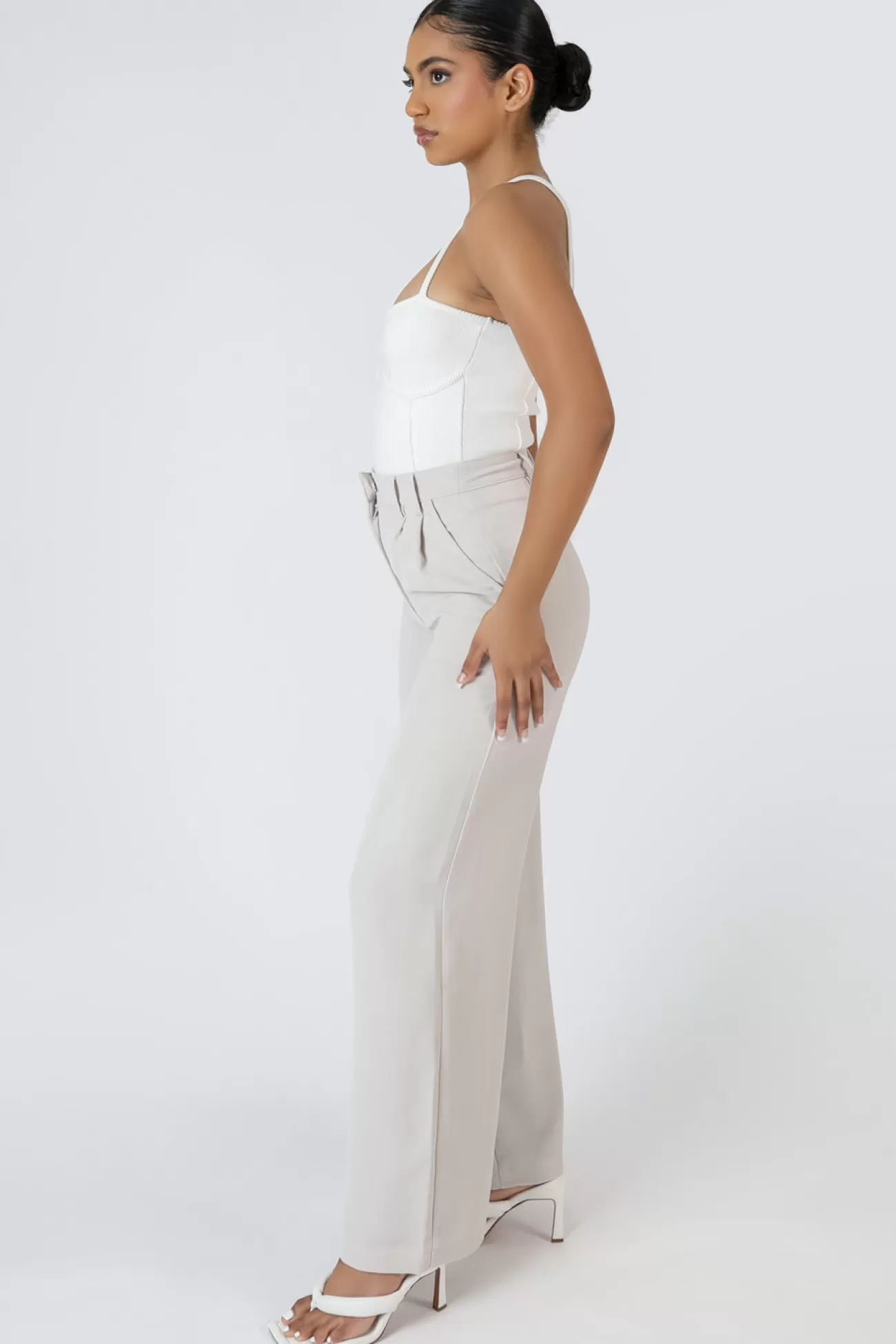 Public Desire High Waist Wideleg Tailored Trouser Stone Beige Store