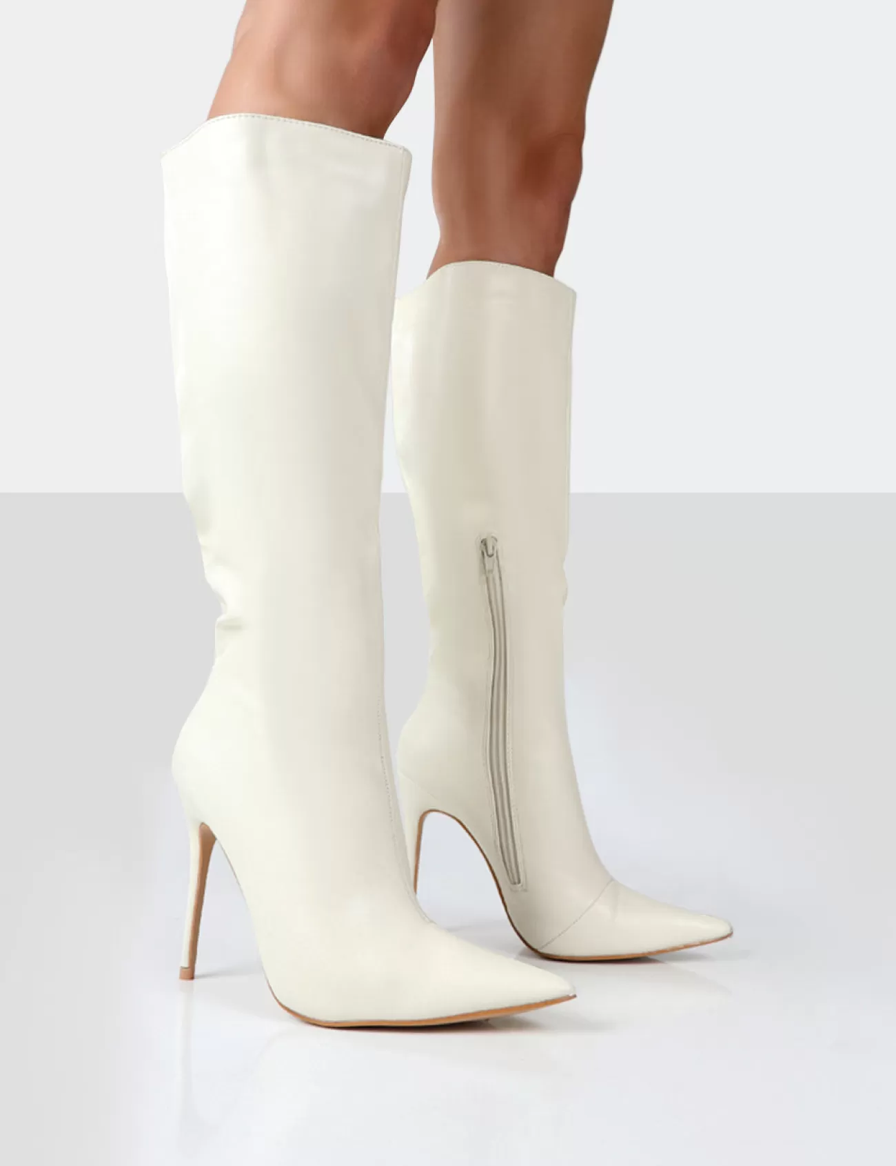 Public Desire Horizon Ecru Pu Stiletto Knee High Boots White Cheap