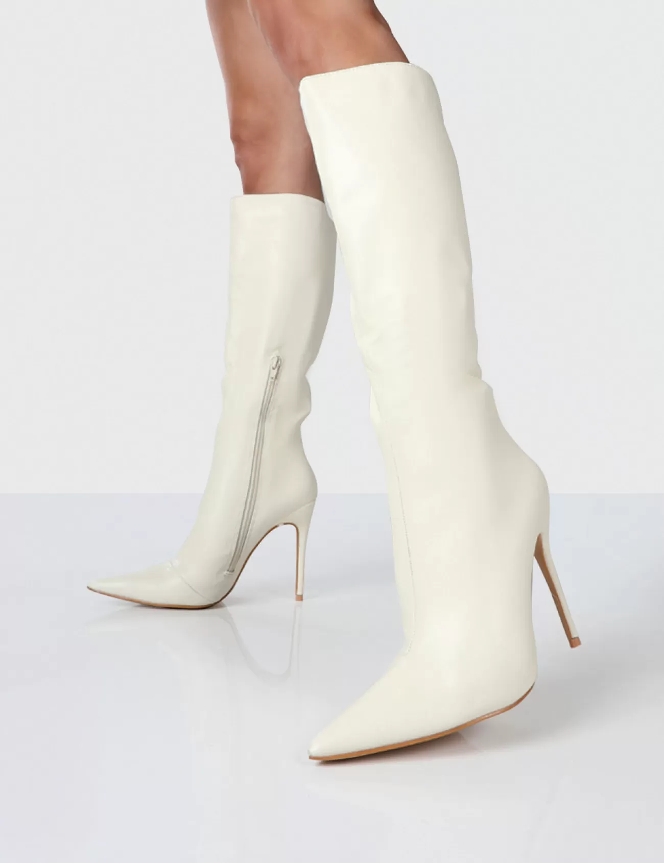 Public Desire Horizon Ecru Pu Stiletto Knee High Boots White Cheap