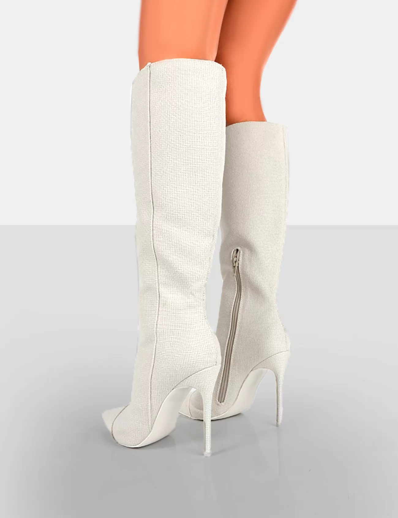 Public Desire Horizon Linen Stiletto Knee High Boots Ecru Clearance