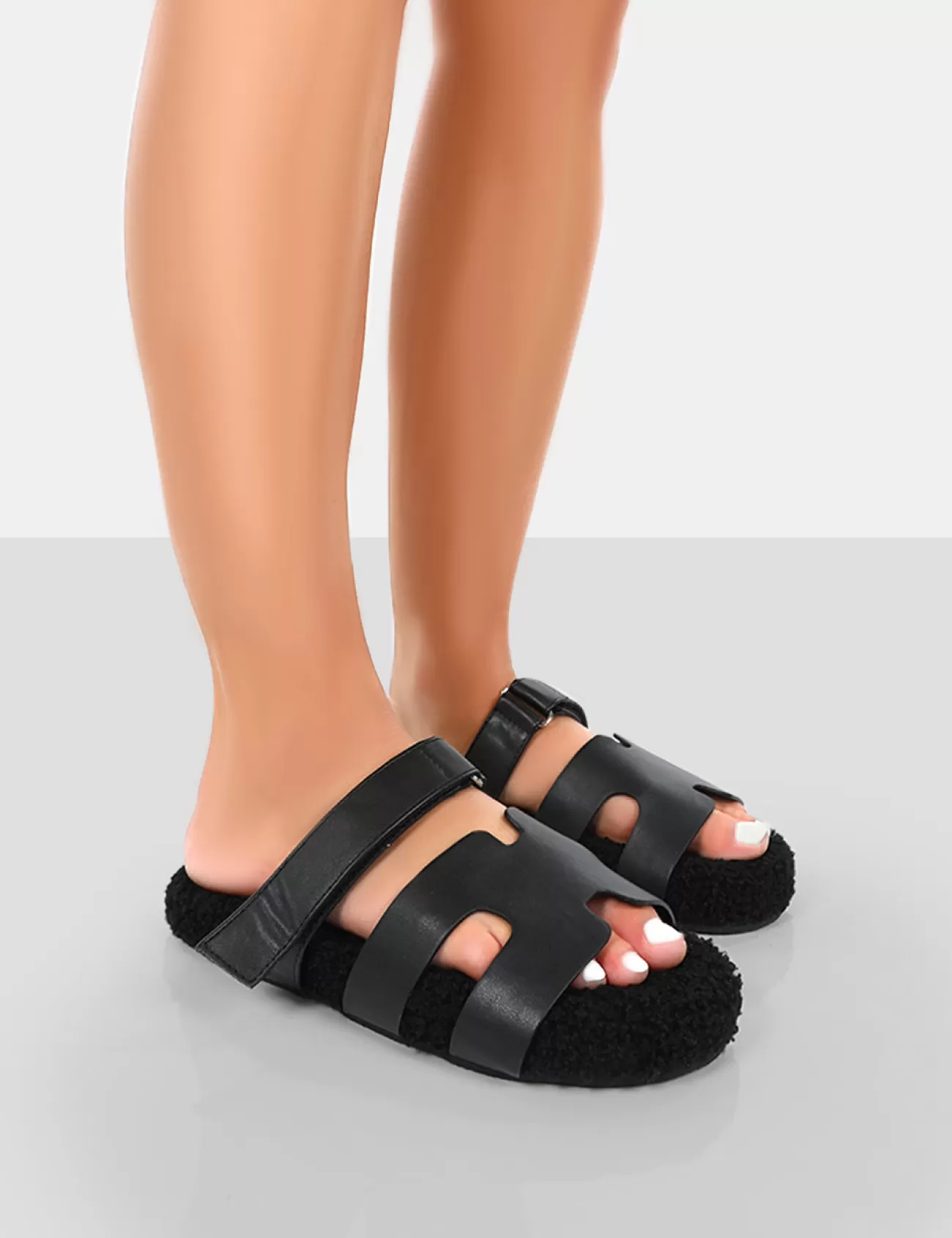 Public Desire Hot Fuzz Borg Cut Out Flat Sandals Black Online