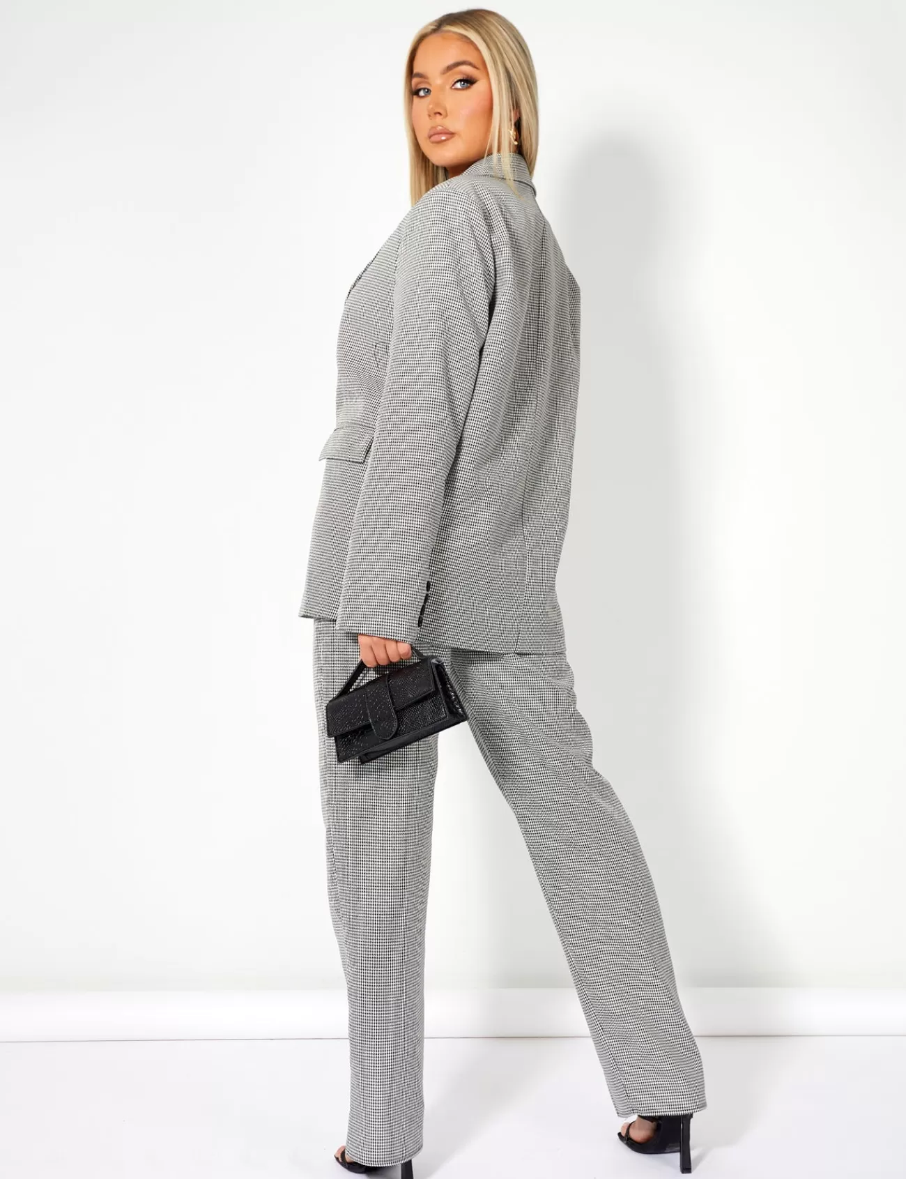 Public Desire Houndstooth Straight Leg Split Hem Trousers Grey Outlet