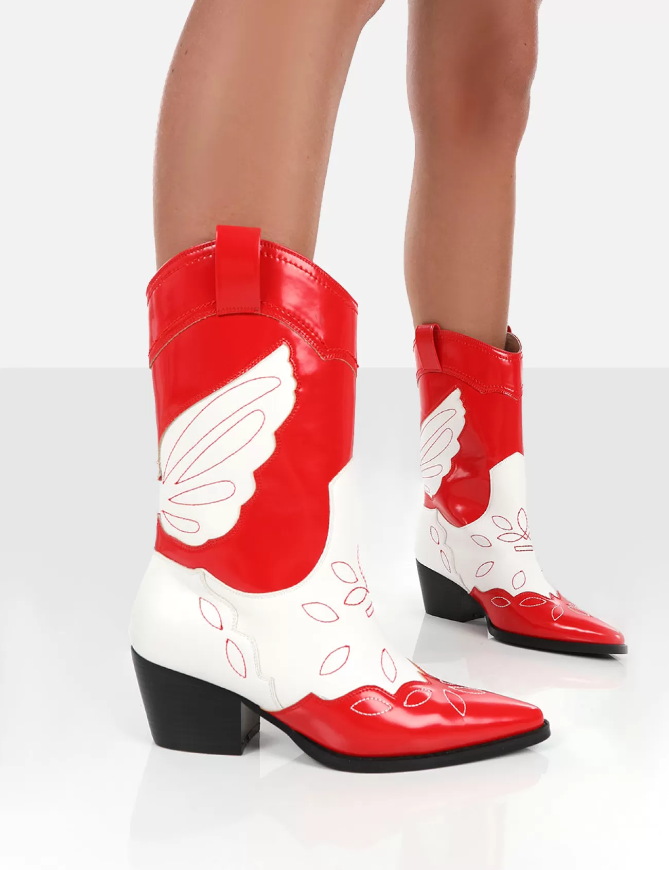 Public Desire Howdy Patent Pointed Toe Western Cowboy Block Ankle Boots Red Cheap