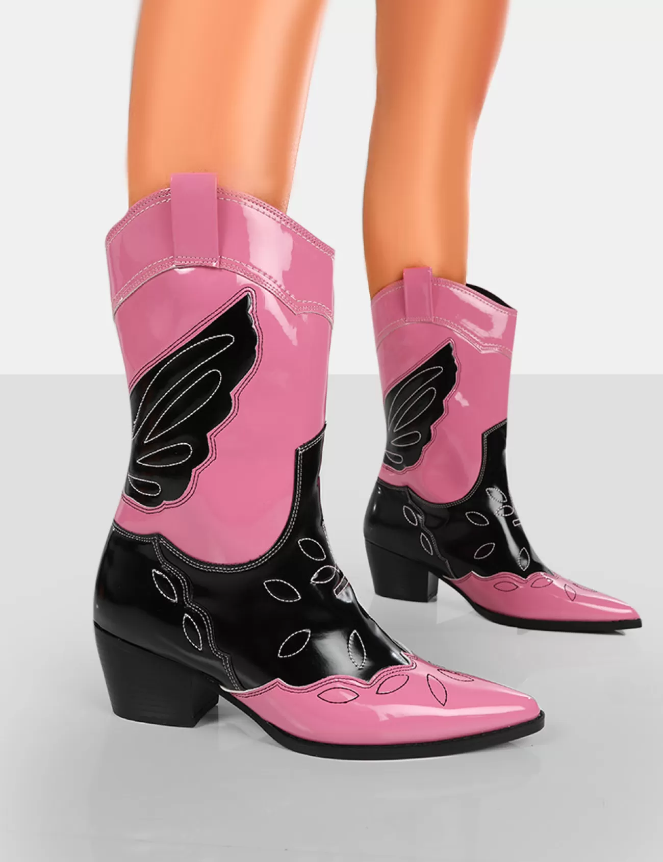 Public Desire Howdy Patent Pointed Toe Western Cowboy Block Ankle Boots Pink Outlet