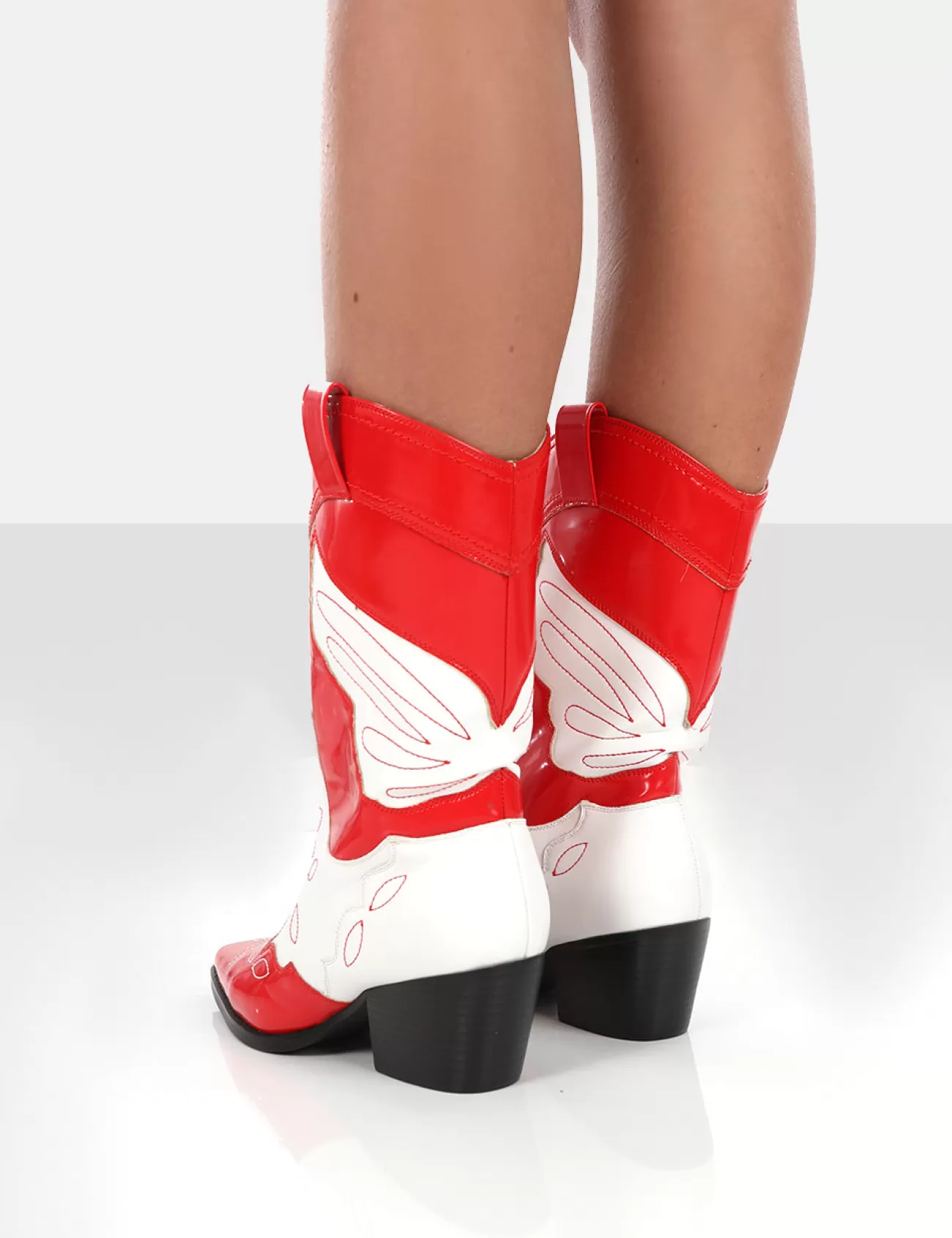 Public Desire Howdy Patent Pointed Toe Western Cowboy Block Ankle Boots Red Cheap