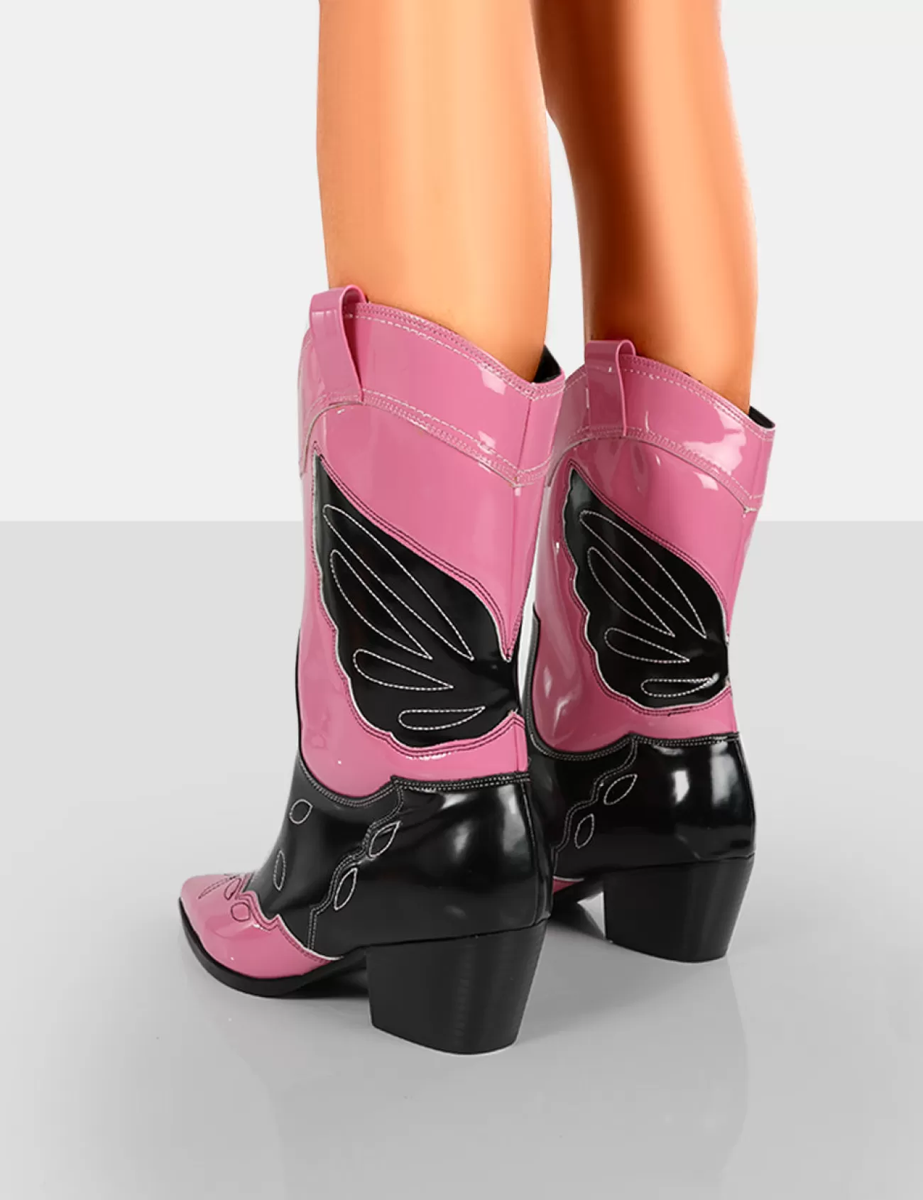 Public Desire Howdy Patent Pointed Toe Western Cowboy Block Ankle Boots Pink Outlet
