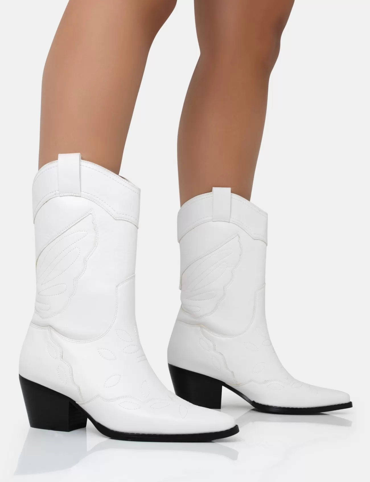 Public Desire Howdy Pu Pointed Toe Western Cowboy Block Ankle Boots White Flash Sale