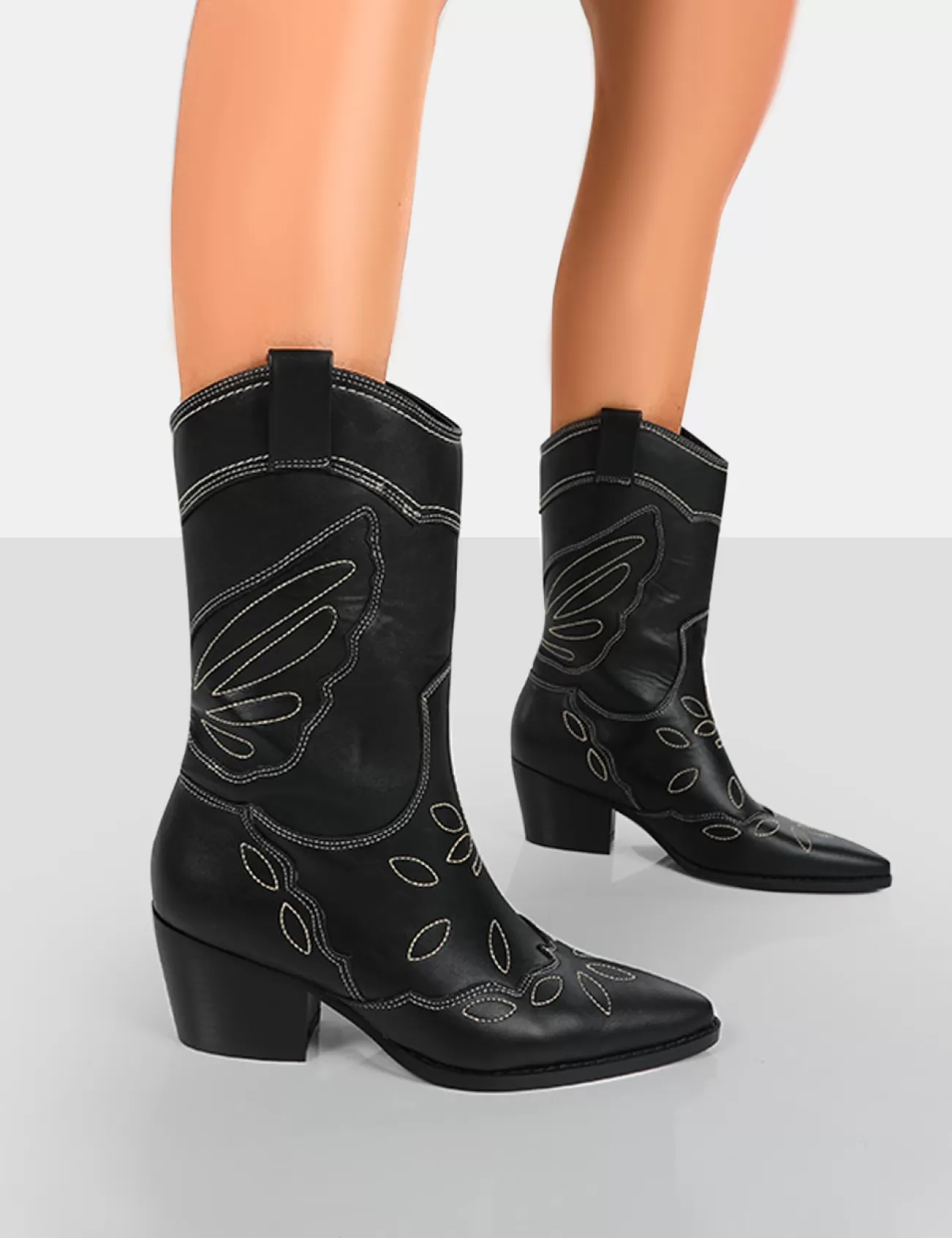 Public Desire Howdy Pu Pointed Toe Western Cowboy Block Ankle Boots Black Discount