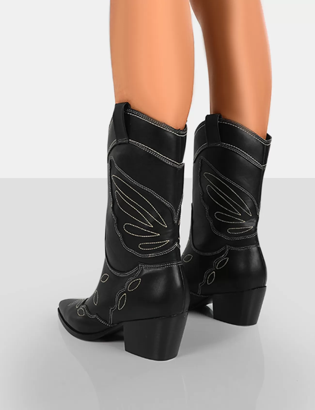 Public Desire Howdy Pu Pointed Toe Western Cowboy Block Ankle Boots Black Discount