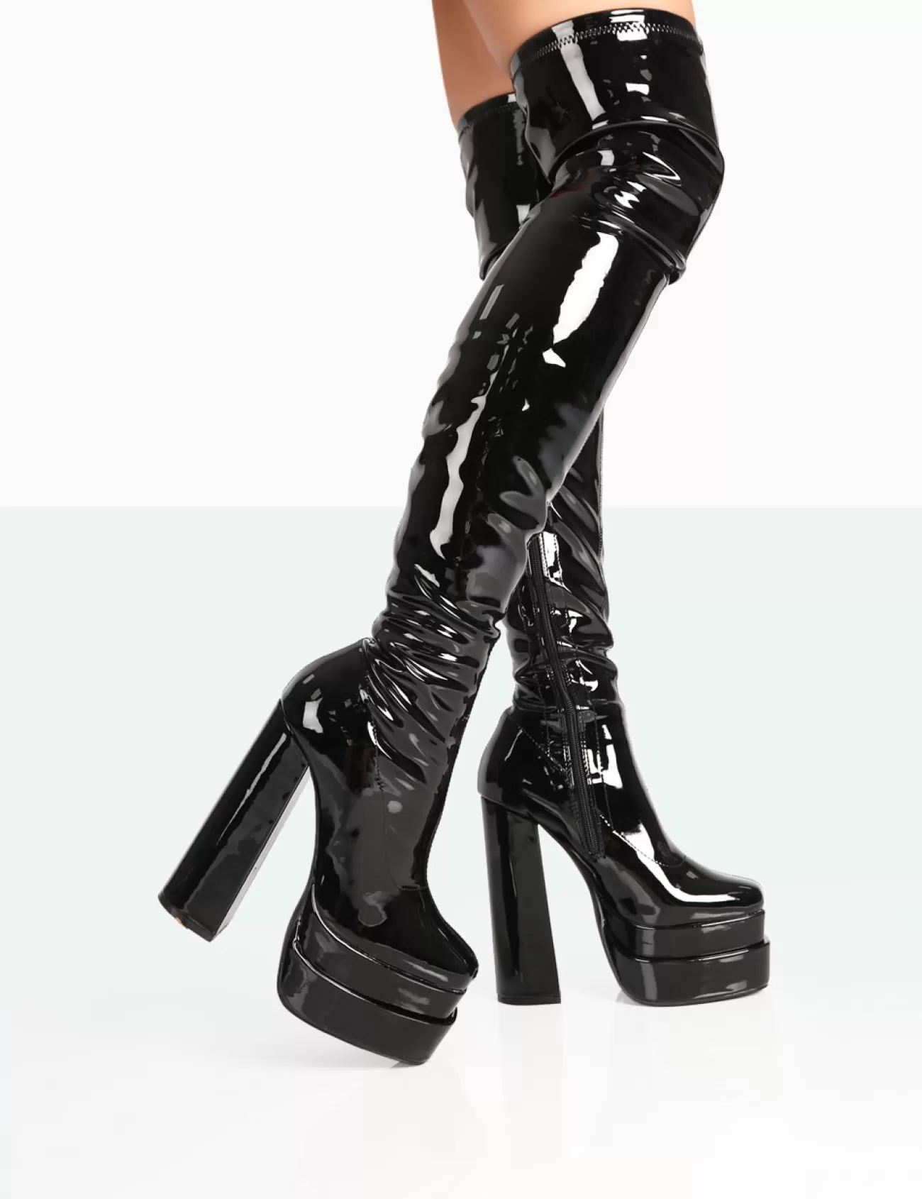 Public Desire Identity Patent Platform Heel Over The Knee Boots Black Clearance