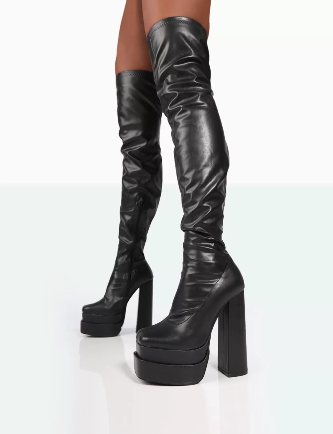 Public Desire Identity Wide Fit Pu Platform Over The Knee Boots Black Clearance
