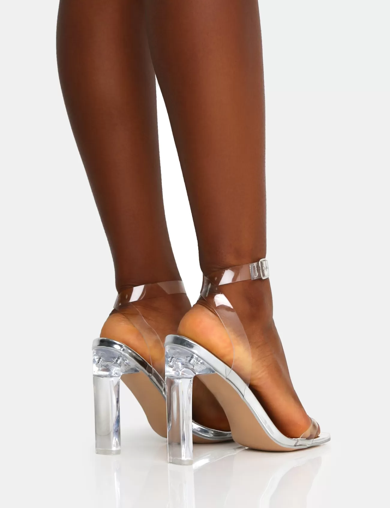 Public Desire Inka Mirror Perspex Round Toe Flat Block Heels Silver Fashion