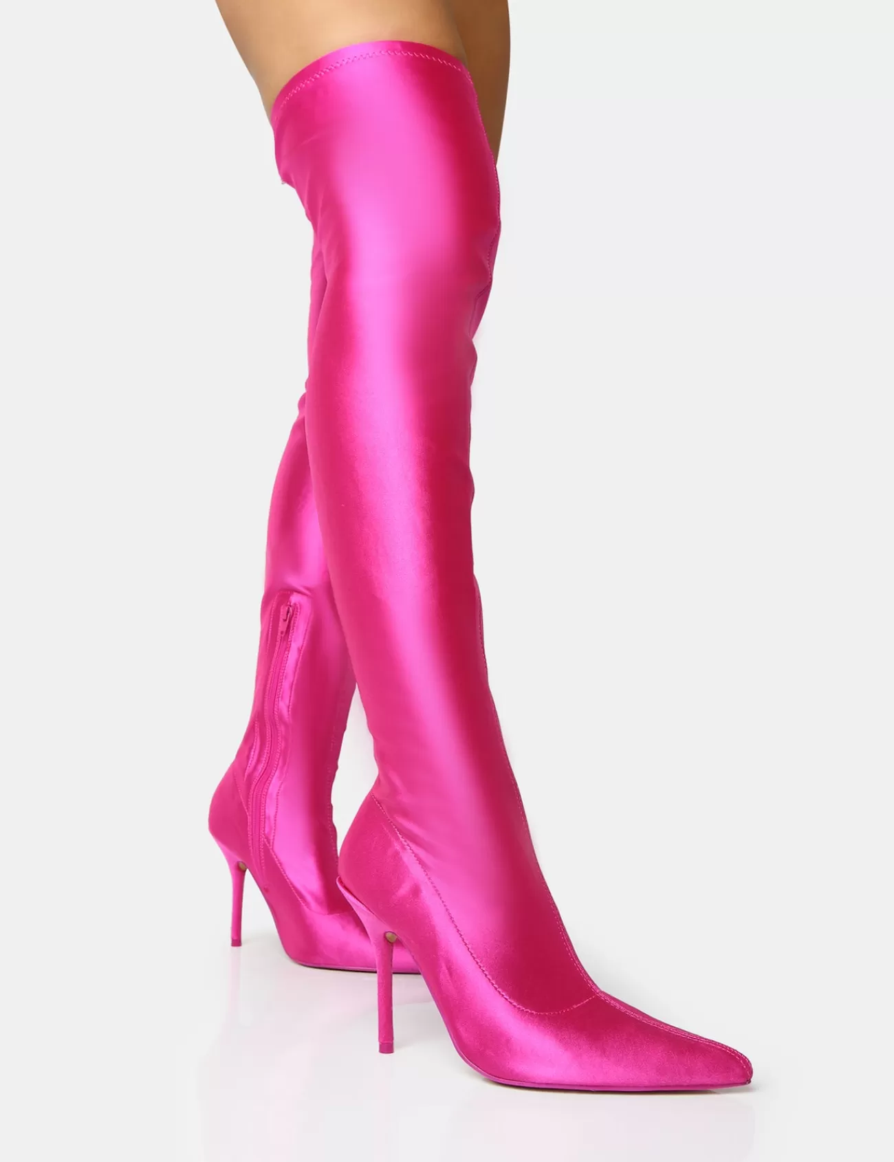 Public Desire Instinct Lycra Pointed Toe Stiletto Thigh High Boots Pink Cheap
