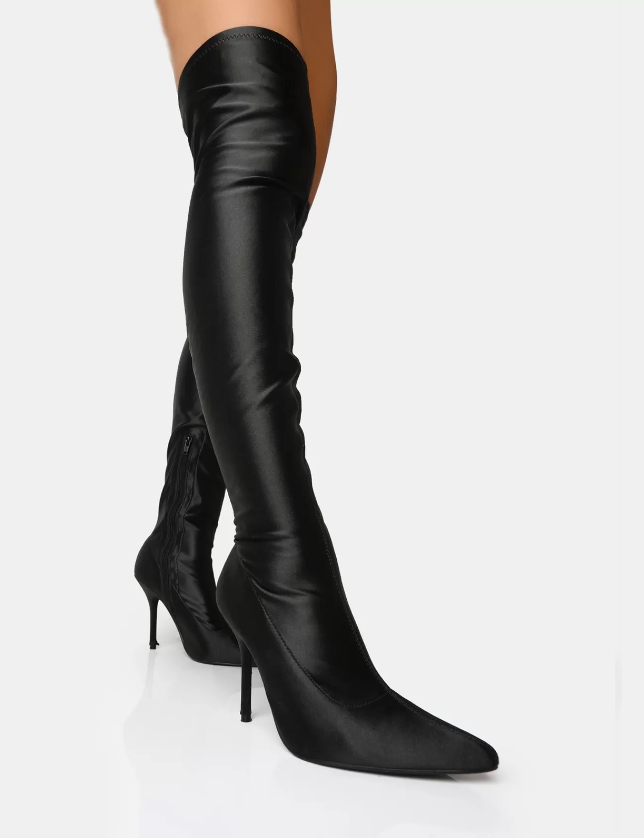 Public Desire Instinct Lycra Pointed Toe Stiletto Thigh High Boots Black Cheap